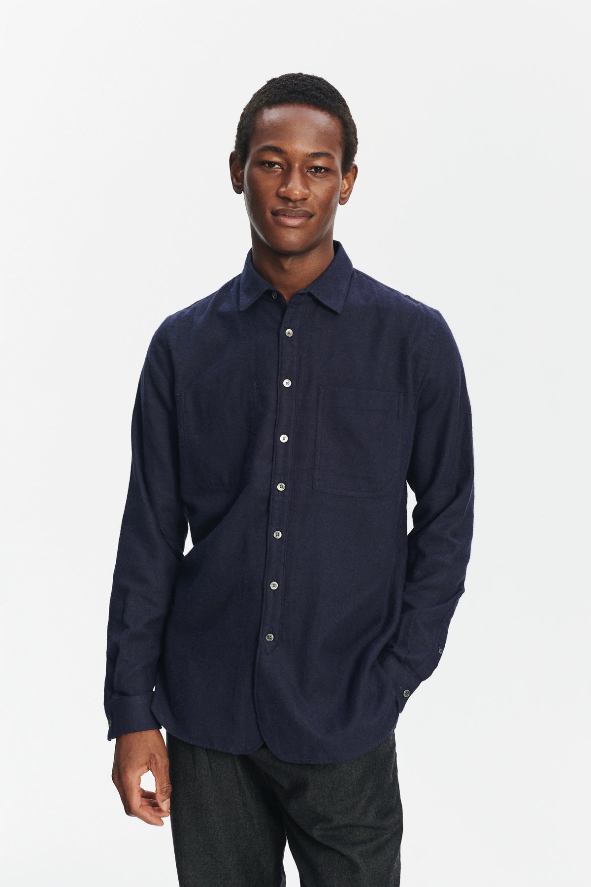 Farmer Shirt in a Deep Blue Unique Portuguese Cotton, Nettle and Lyocell Flannel