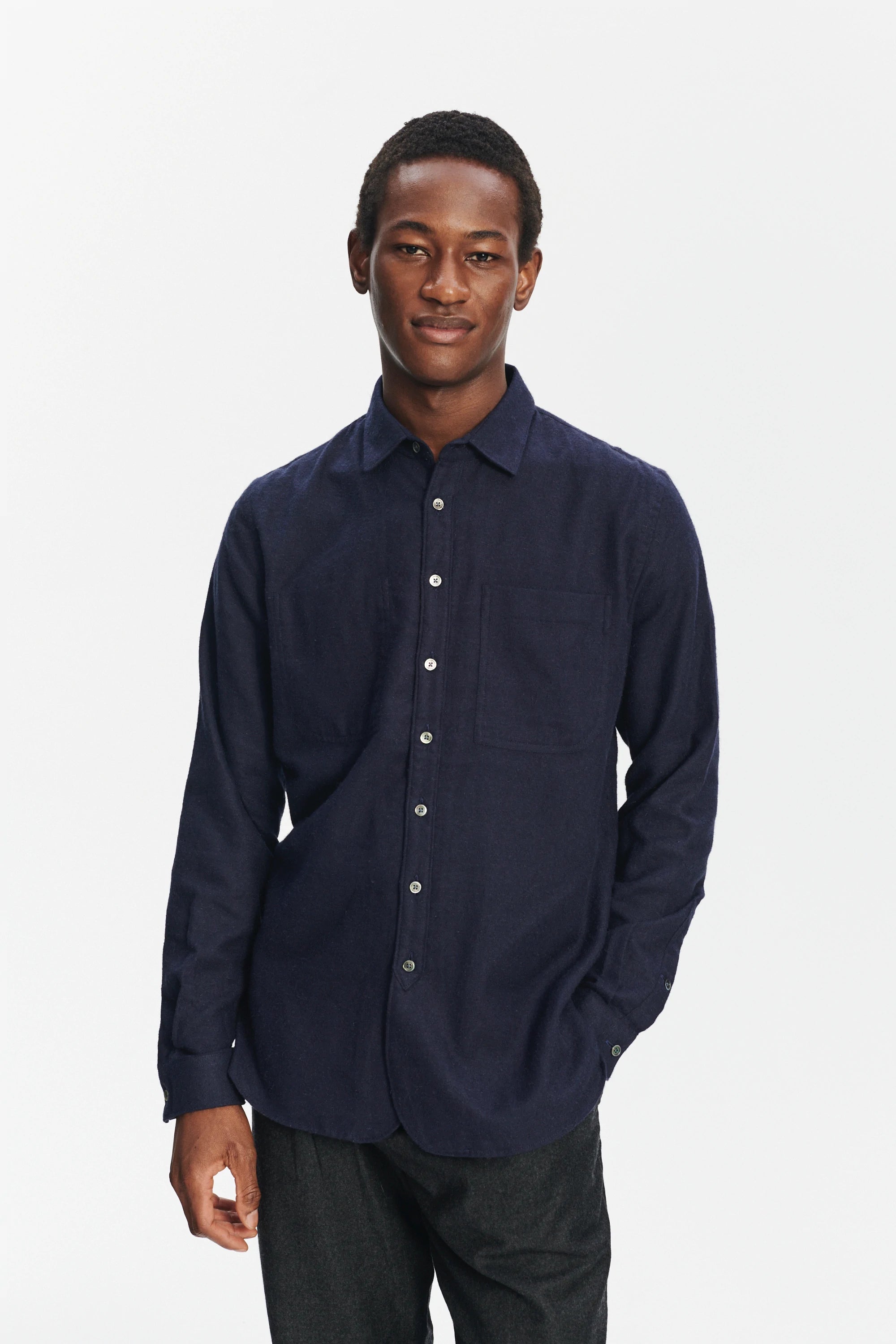 Farmer Shirt in a Deep Blue Unique Portuguese Cotton, Nettle and Lyocell Flannel
