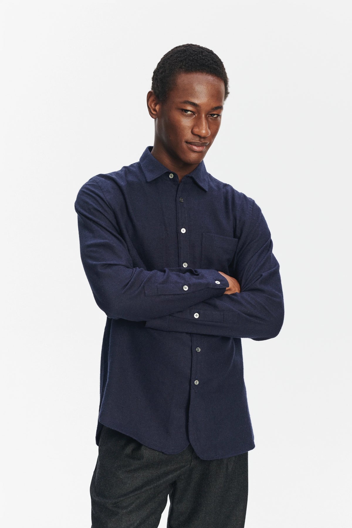 Farmer Shirt in a Deep Blue Unique Portuguese Cotton, Nettle and Lyocell Flannel