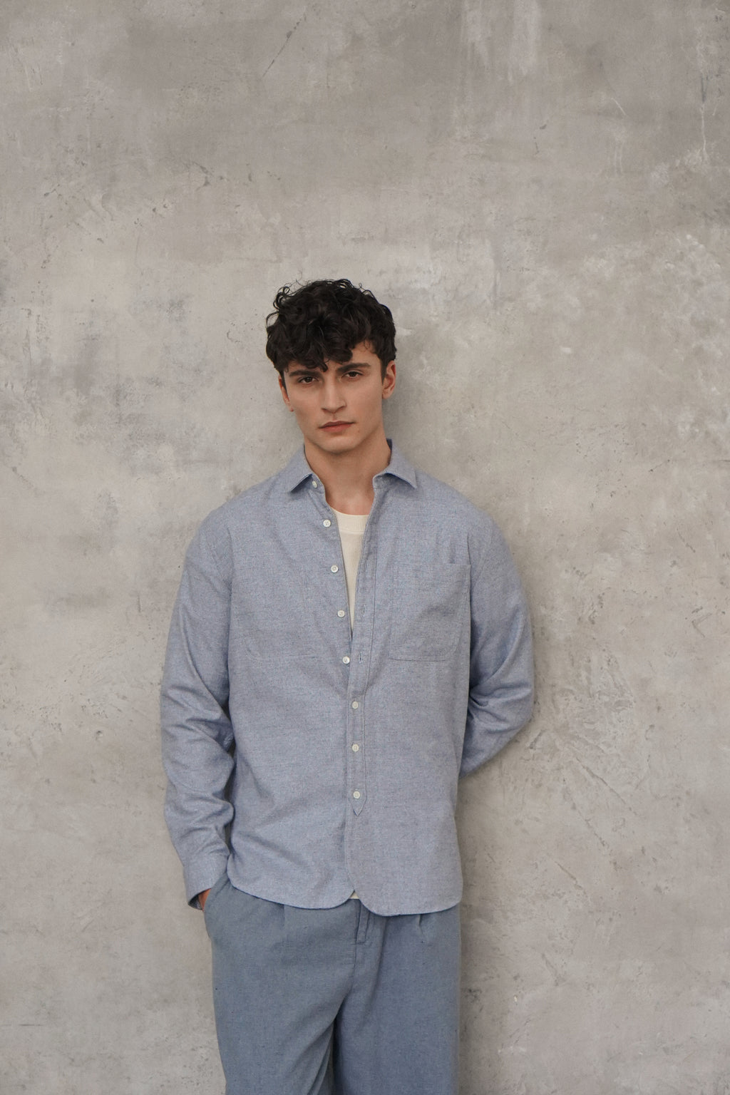 Farmer Shirt in a Fine Portuguese Brushed Blue Flannel - Photoshoot Sample