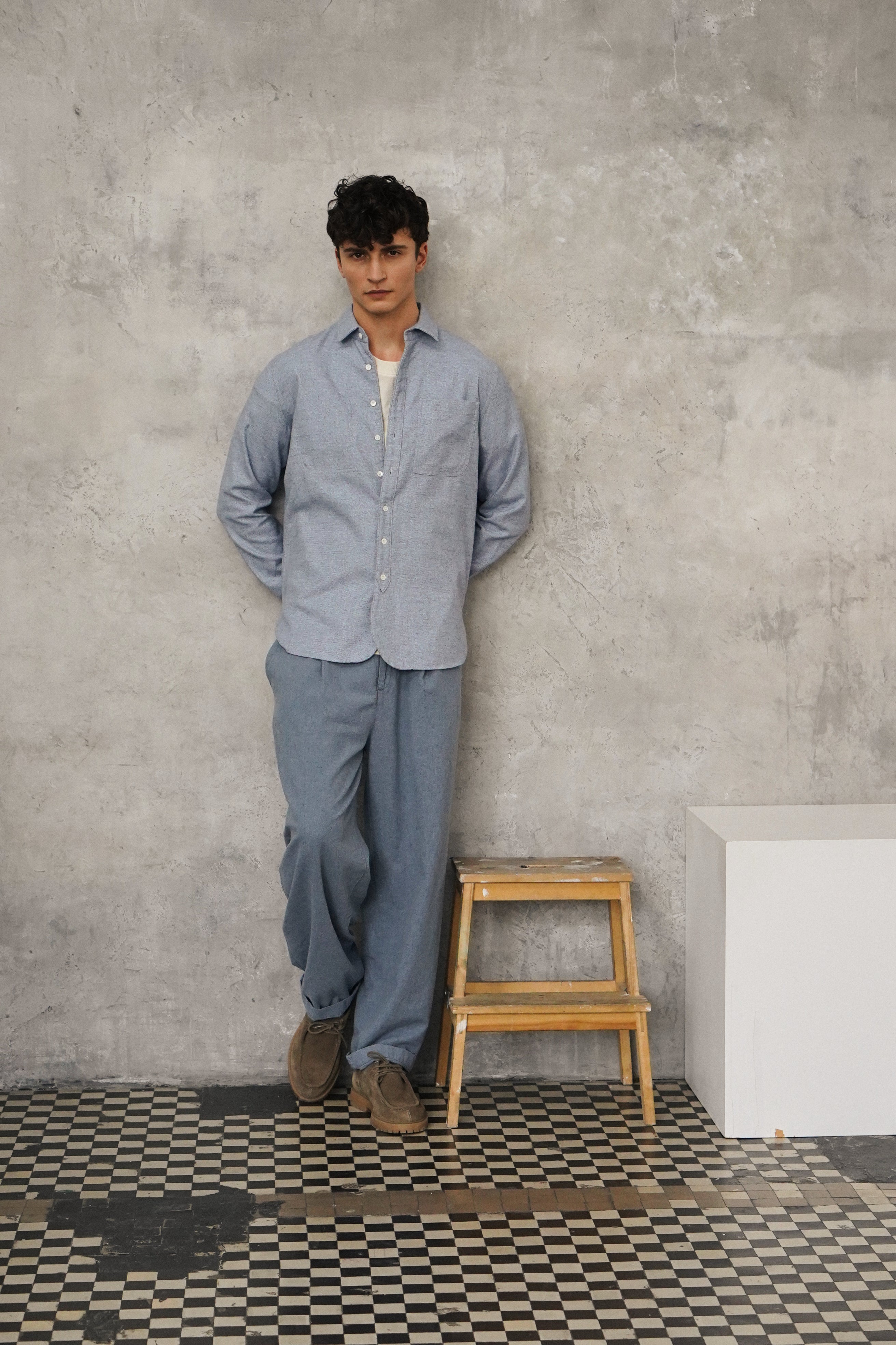 Farmer Shirt in a Fine Portuguese Brushed Blue Flannel - Photoshoot Sample