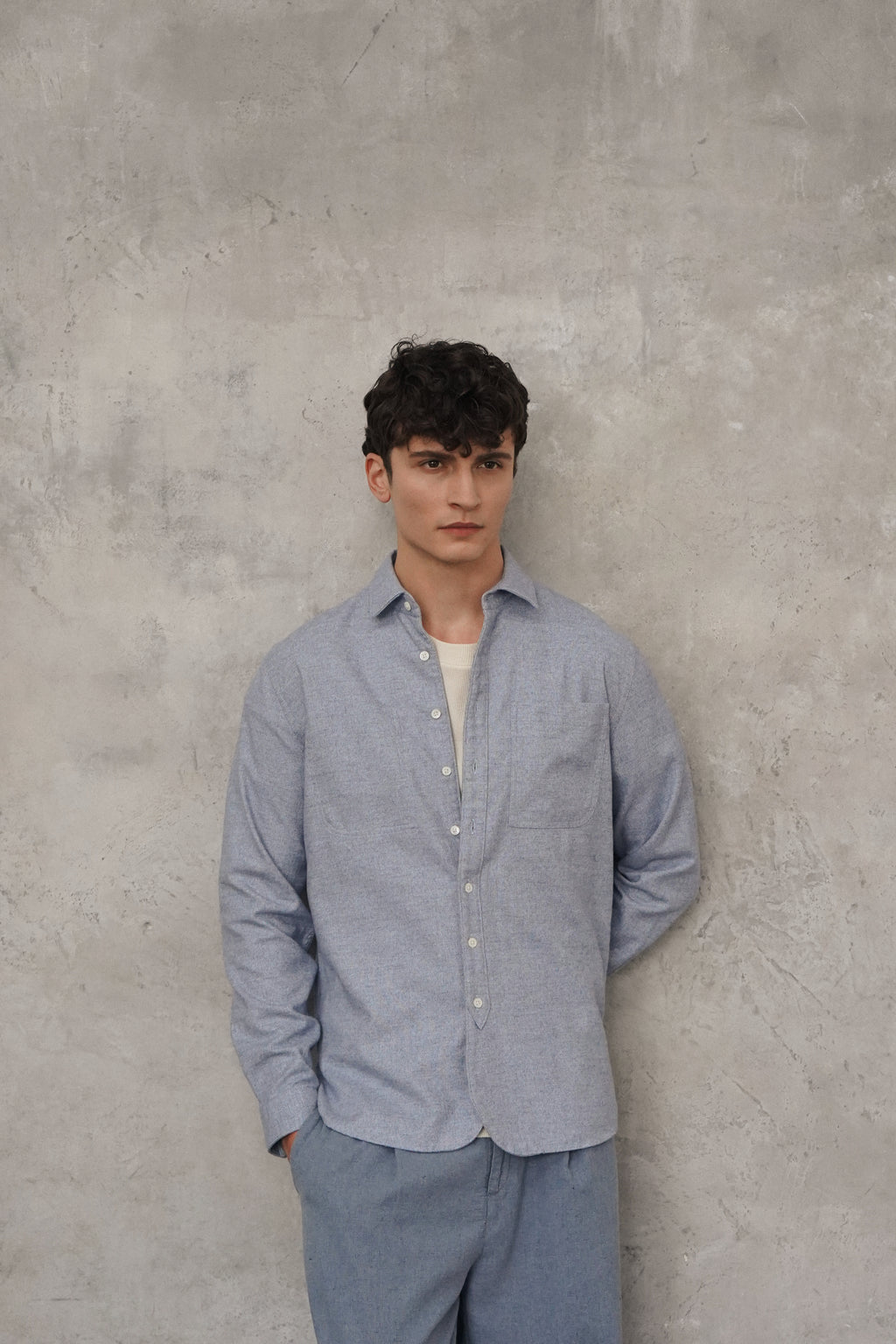 Farmer Shirt in a Fine Portuguese Brushed Blue Flannel - Photoshoot Sample