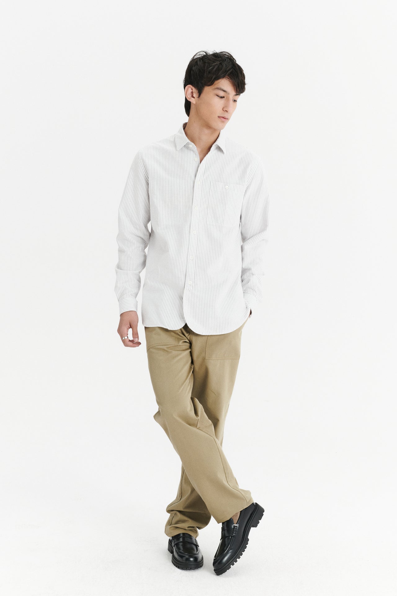 Farmer Shirt in a Beige Striped Finely Brushed Oxford Portuguese Cotton