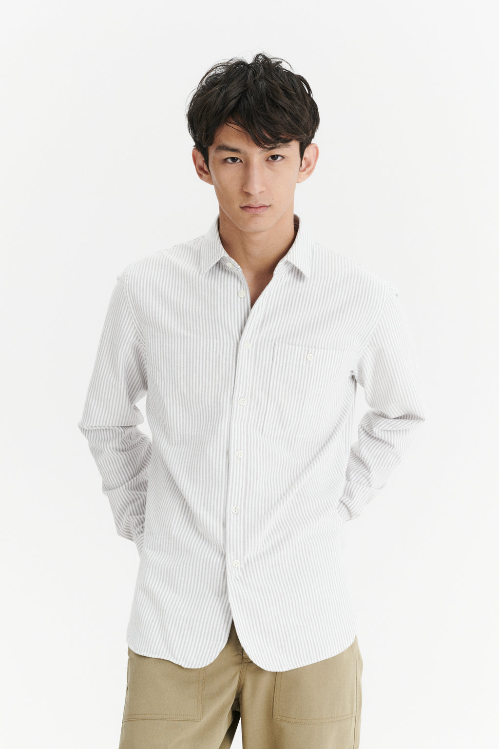 Farmer Shirt in a Beige Striped Finely Brushed Oxford Portuguese Cotton