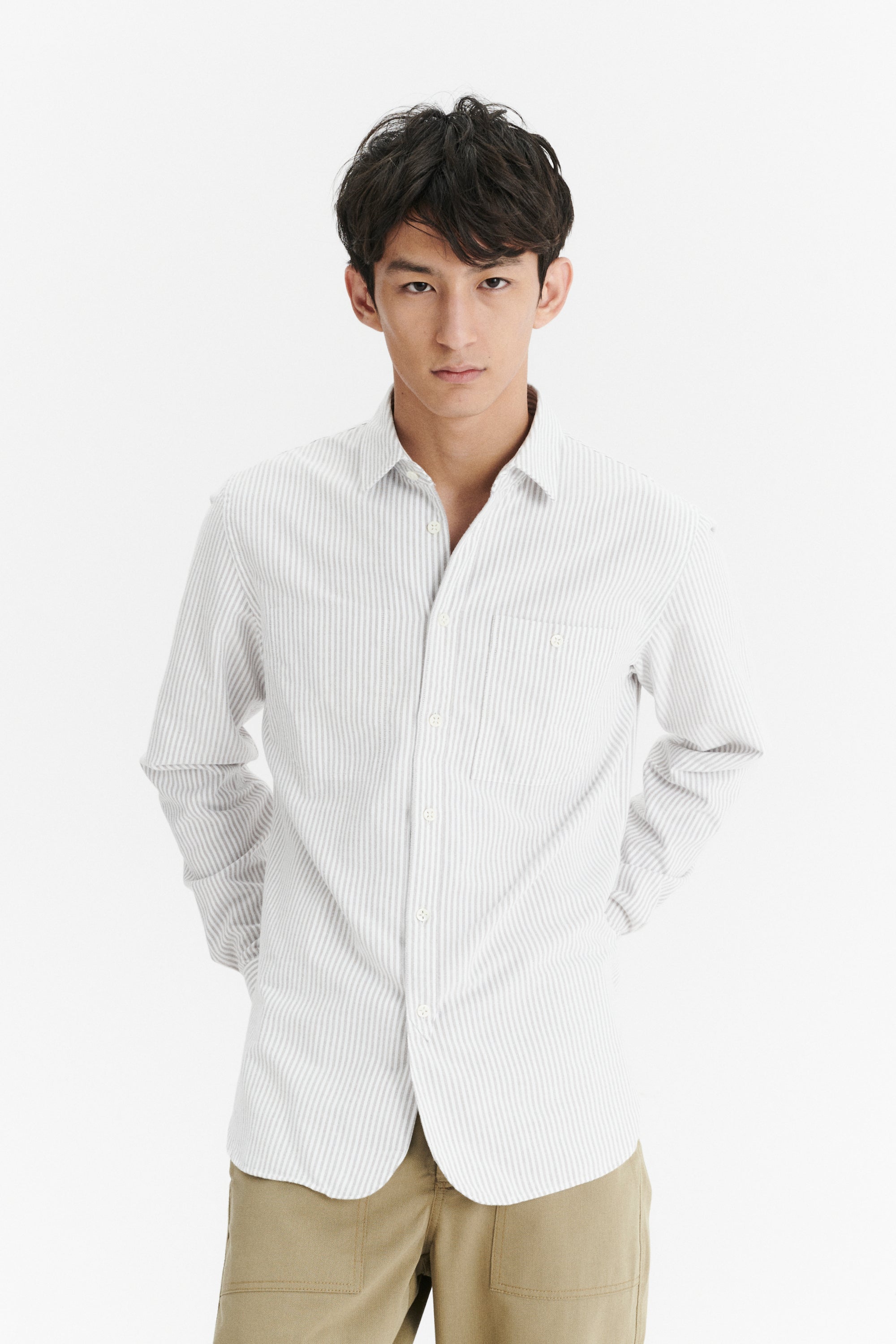 Farmer Shirt in a Beige Striped Finely Brushed Oxford Portuguese Cotton