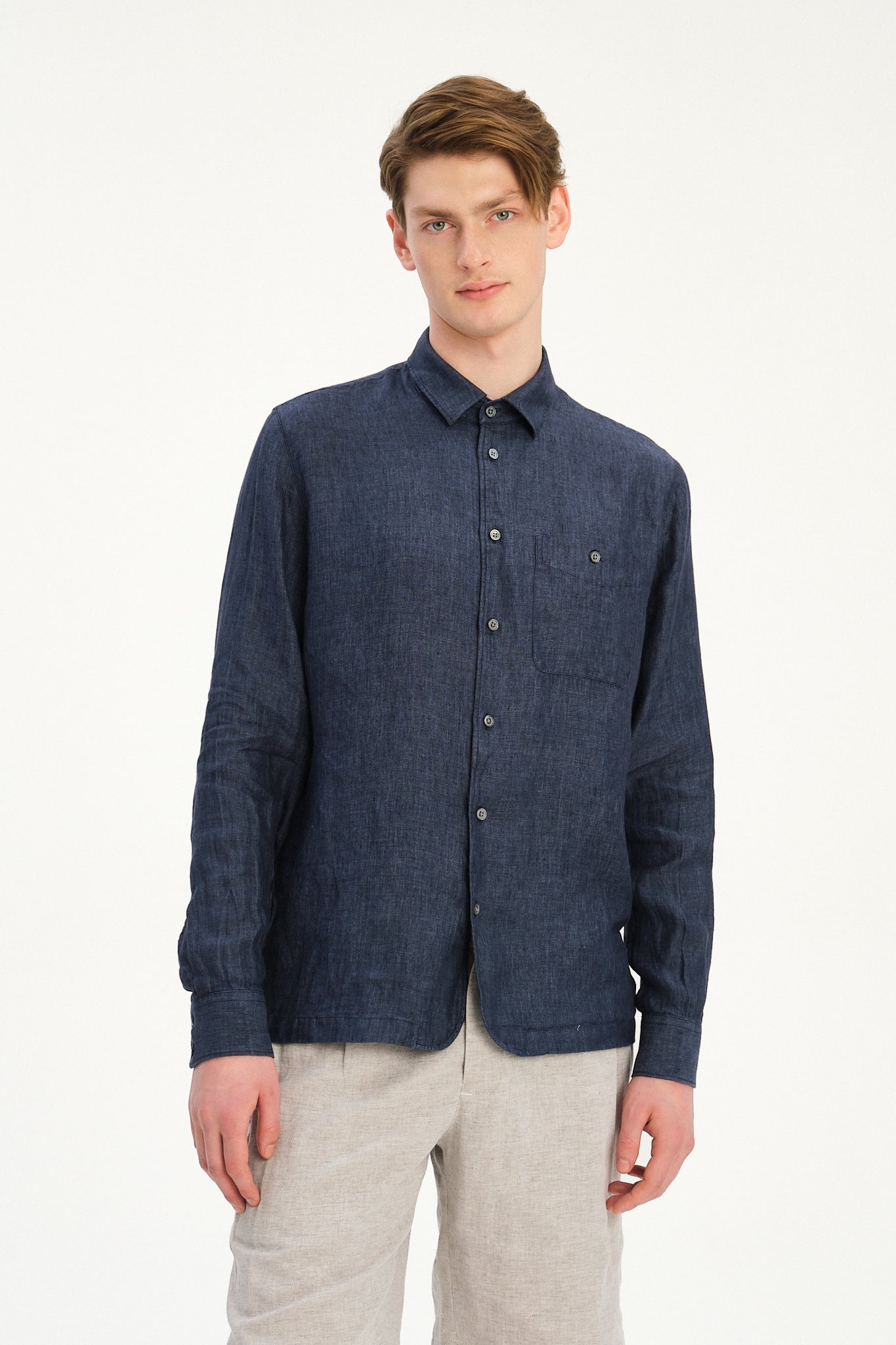 Strong Shirt in a Navy Blue Micro Herringbone Italian Cotton