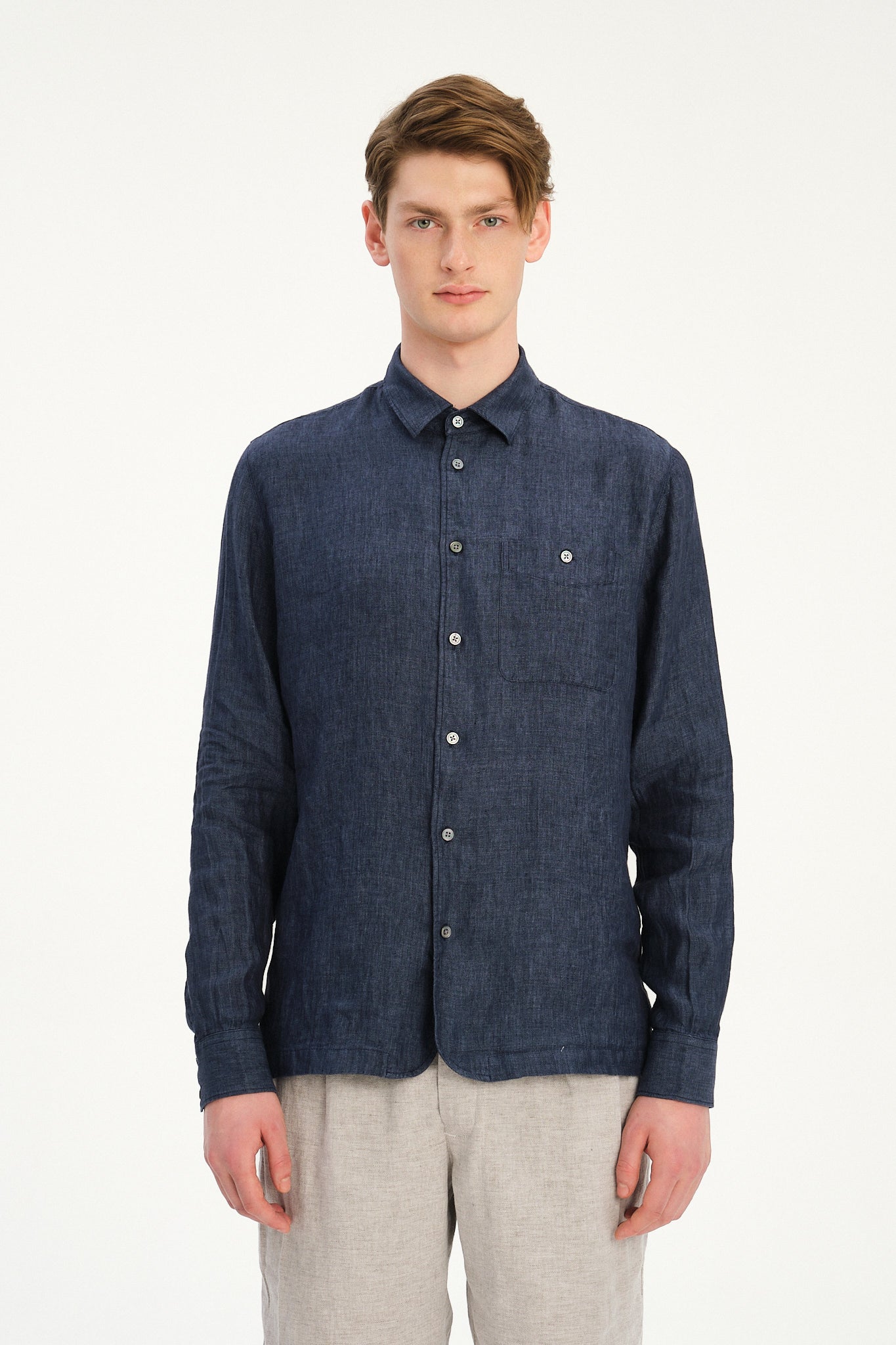 Strong Shirt in a Navy Blue Micro Herringbone Italian Cotton