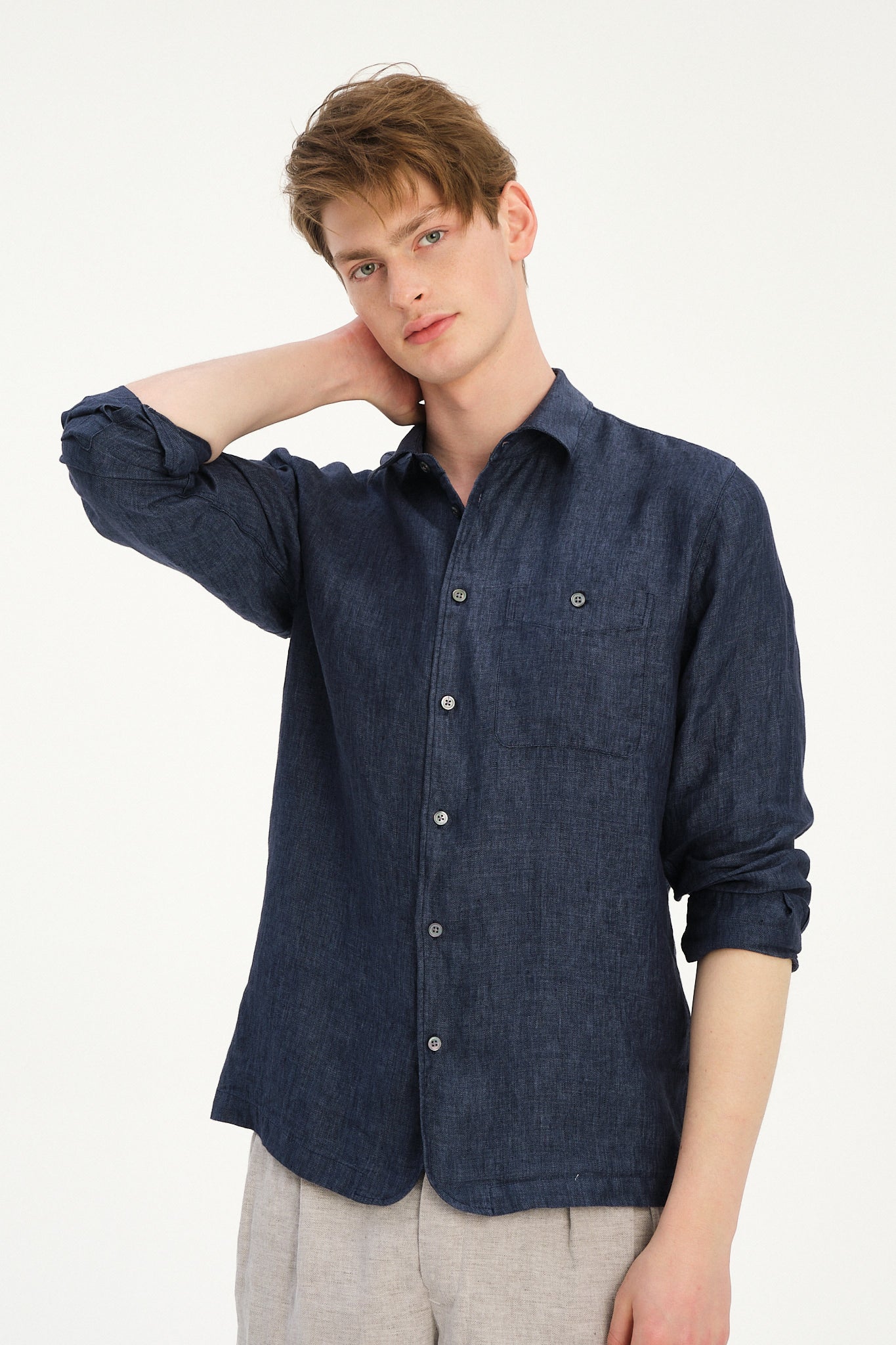 Strong Shirt in a Navy Blue Micro Herringbone Italian Cotton