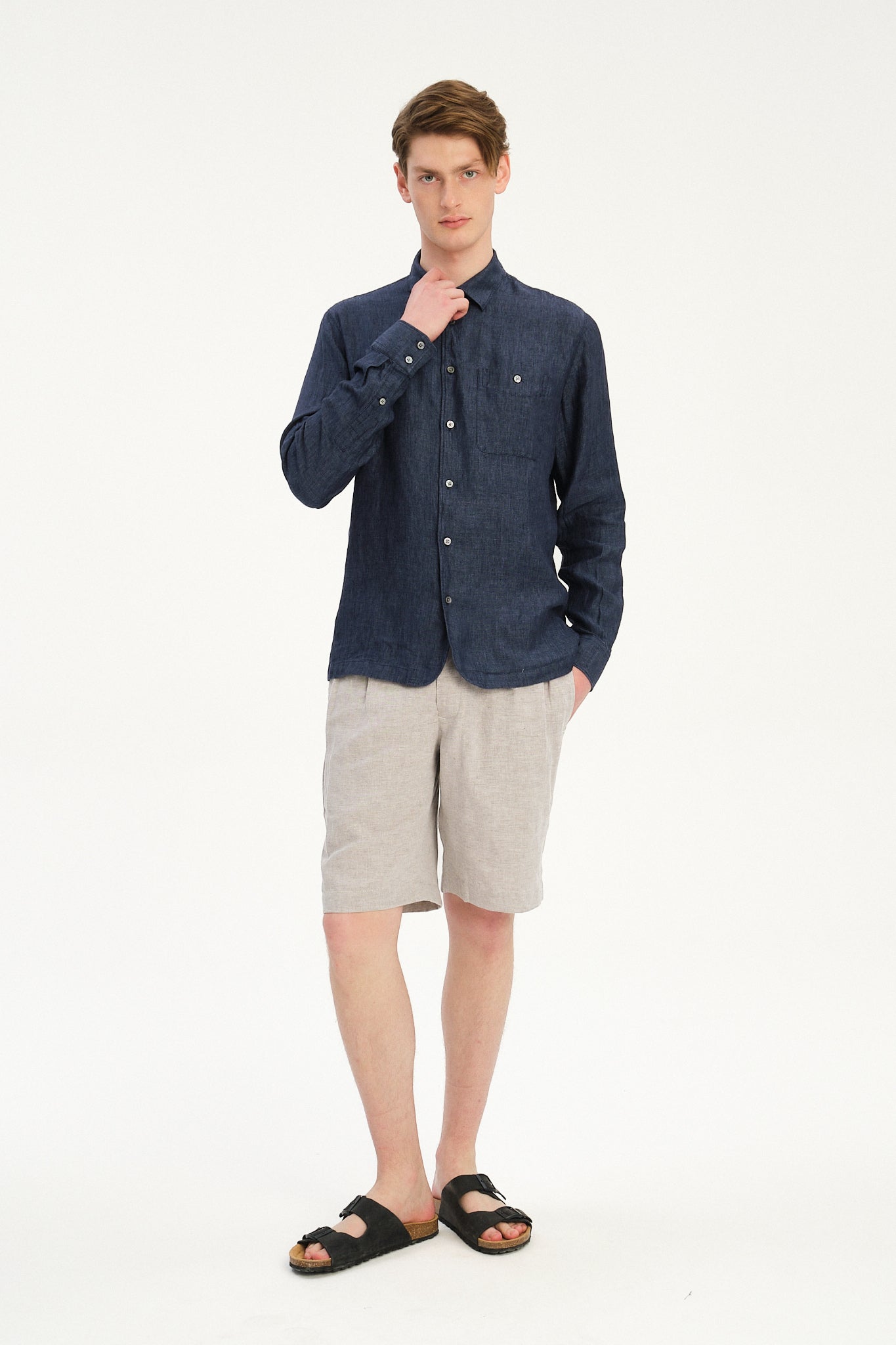 Strong Shirt in a Navy Blue Micro Herringbone Italian Cotton