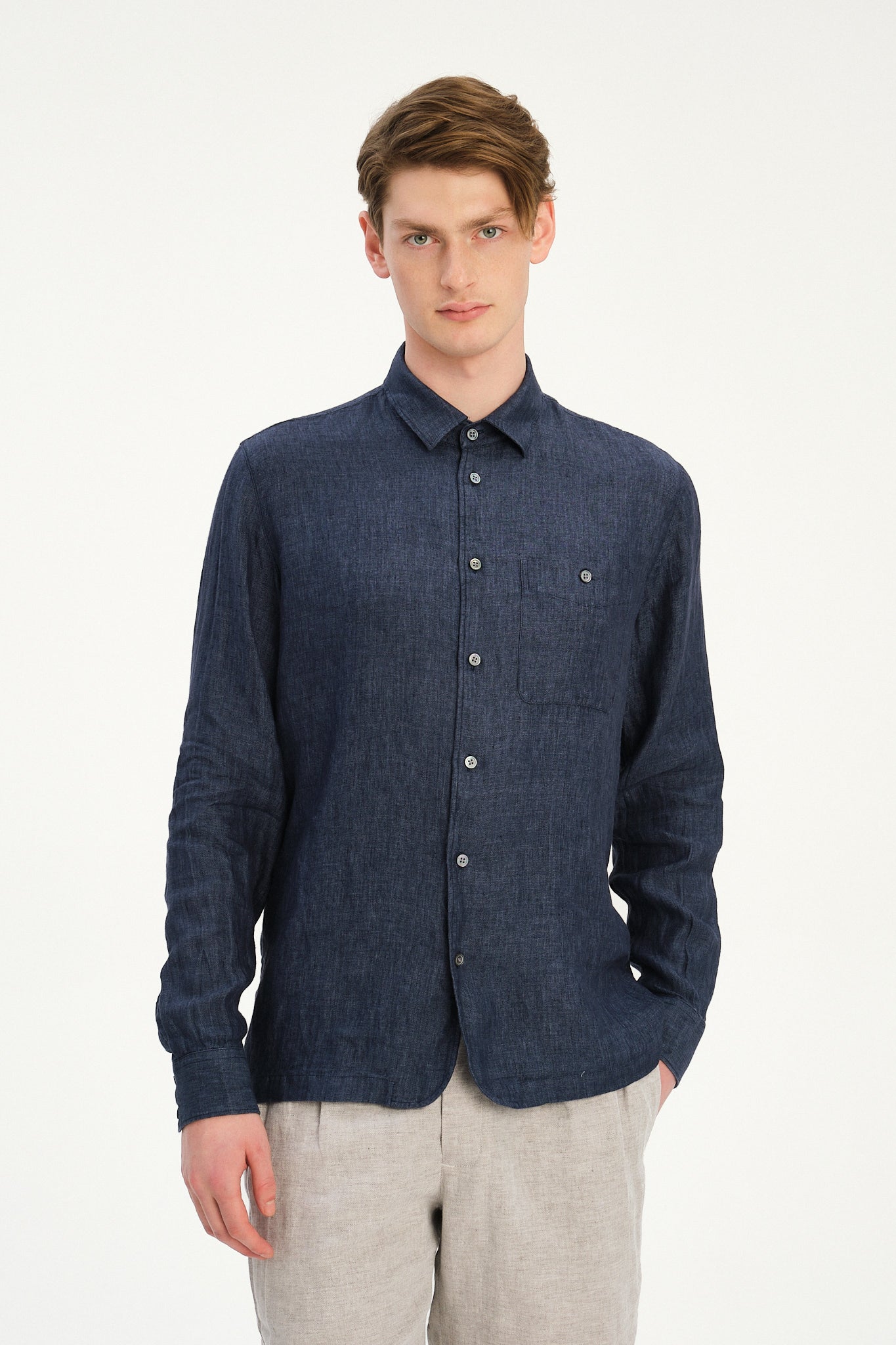 Strong Shirt in a Navy Blue Micro Herringbone Italian Cotton