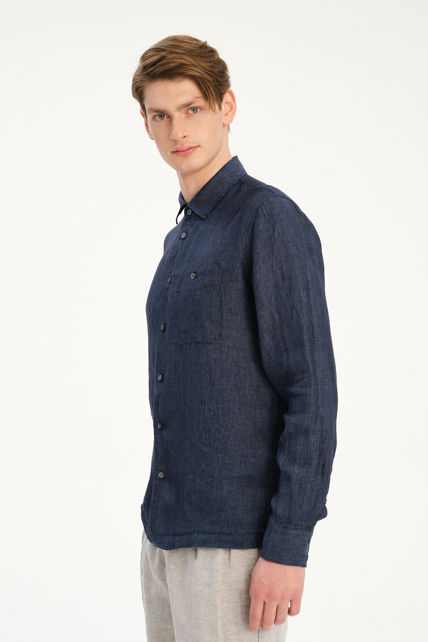 Strong Shirt in a Navy Blue Micro Herringbone Italian Cotton