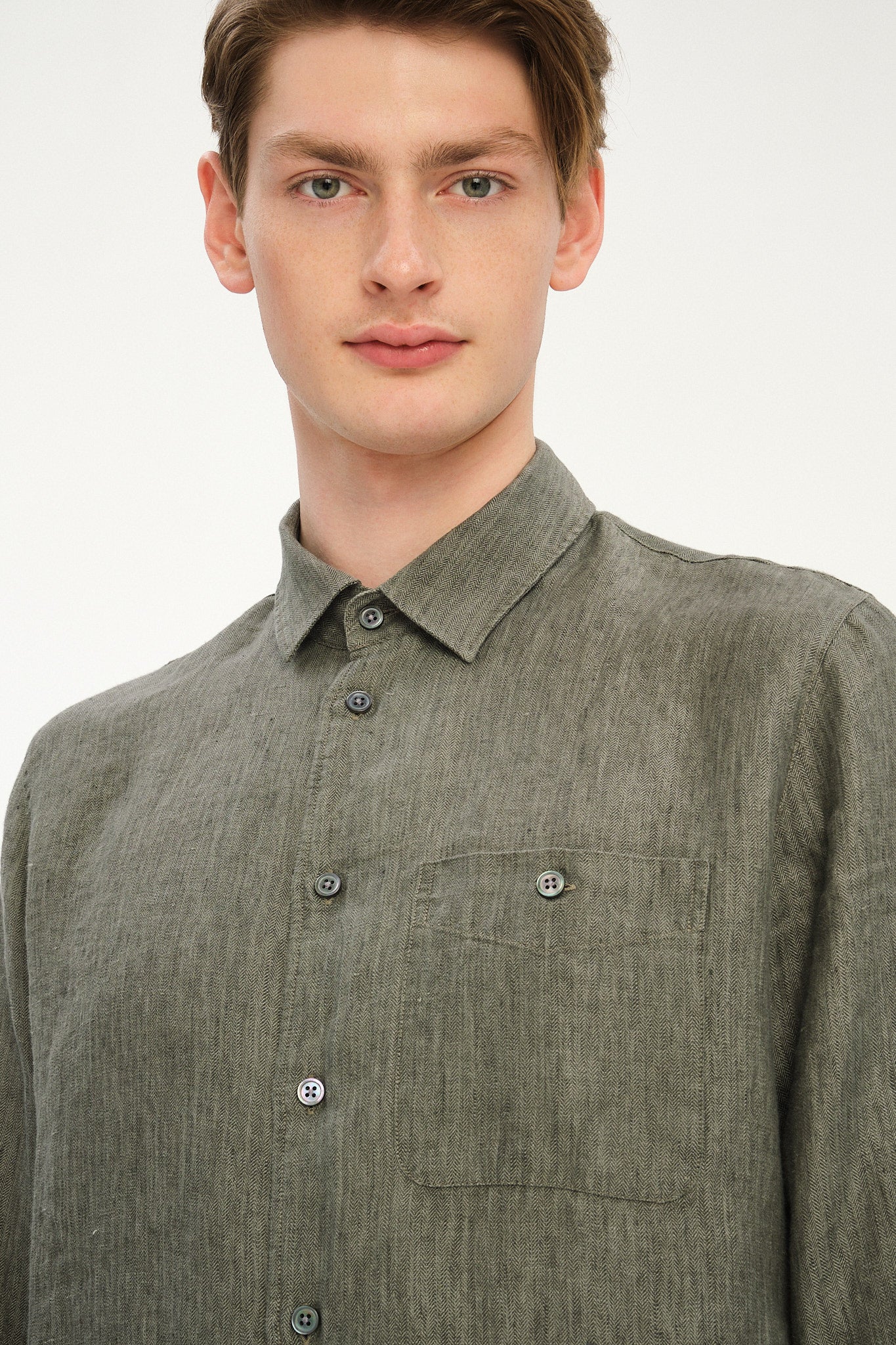 Strong Shirt in an Sage and Spruce Green Italian Micro Herringbone Cotton