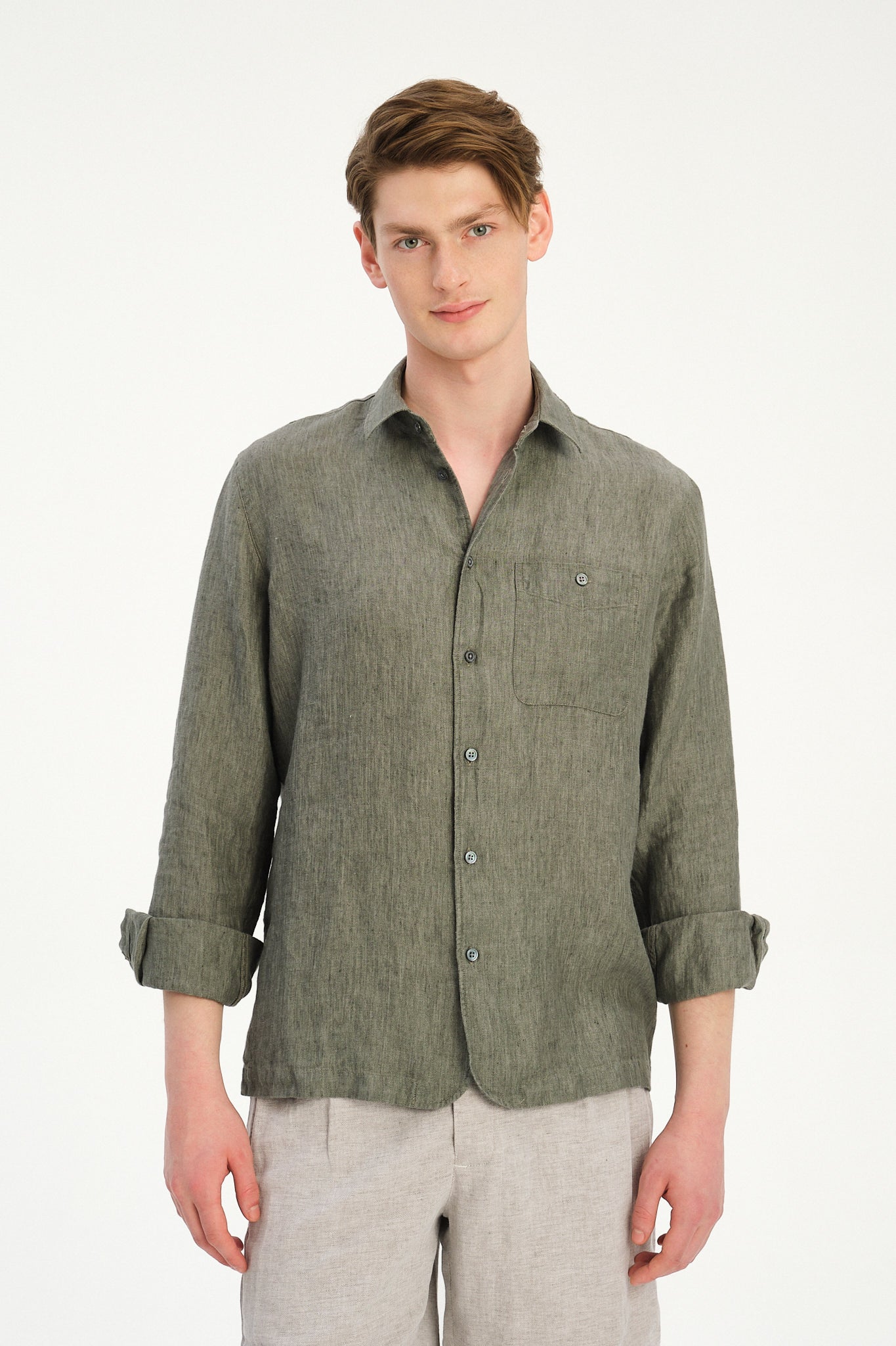 Strong Shirt in an Sage and Spruce Green Italian Micro Herringbone Cotton