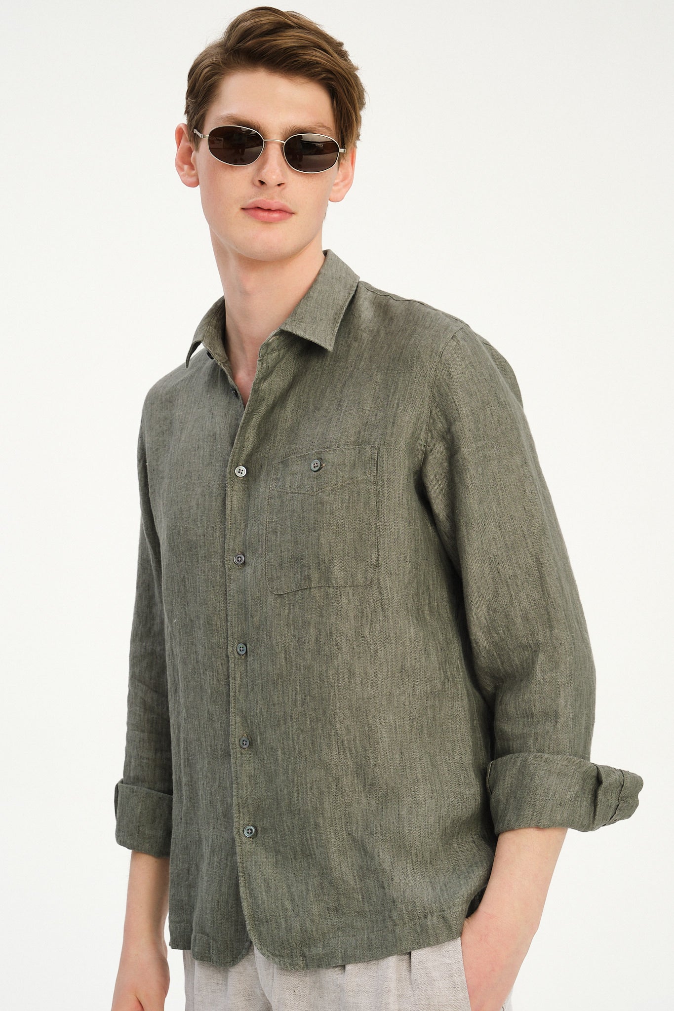 Strong Shirt in an Sage and Spruce Green Italian Micro Herringbone Cotton
