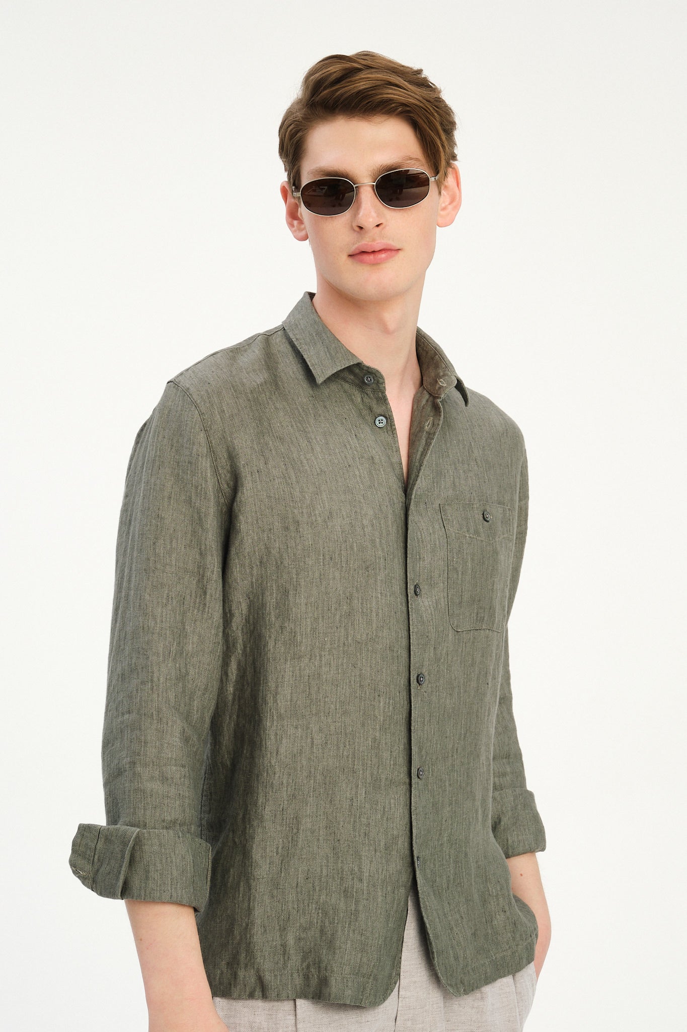 Strong Shirt in an Sage and Spruce Green Italian Micro Herringbone Cotton
