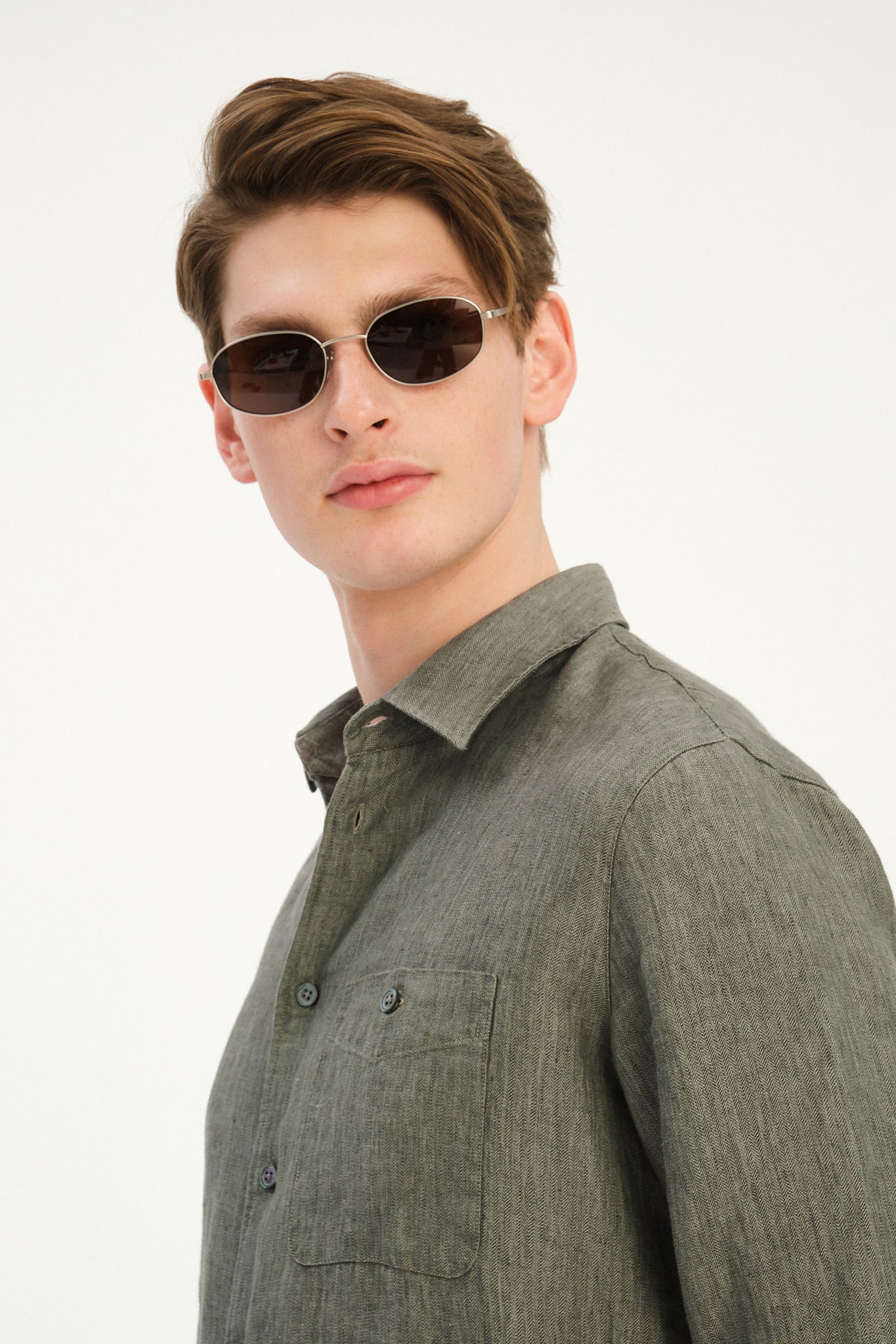 Strong Shirt in an Sage and Spruce Green Italian Micro Herringbone Cotton