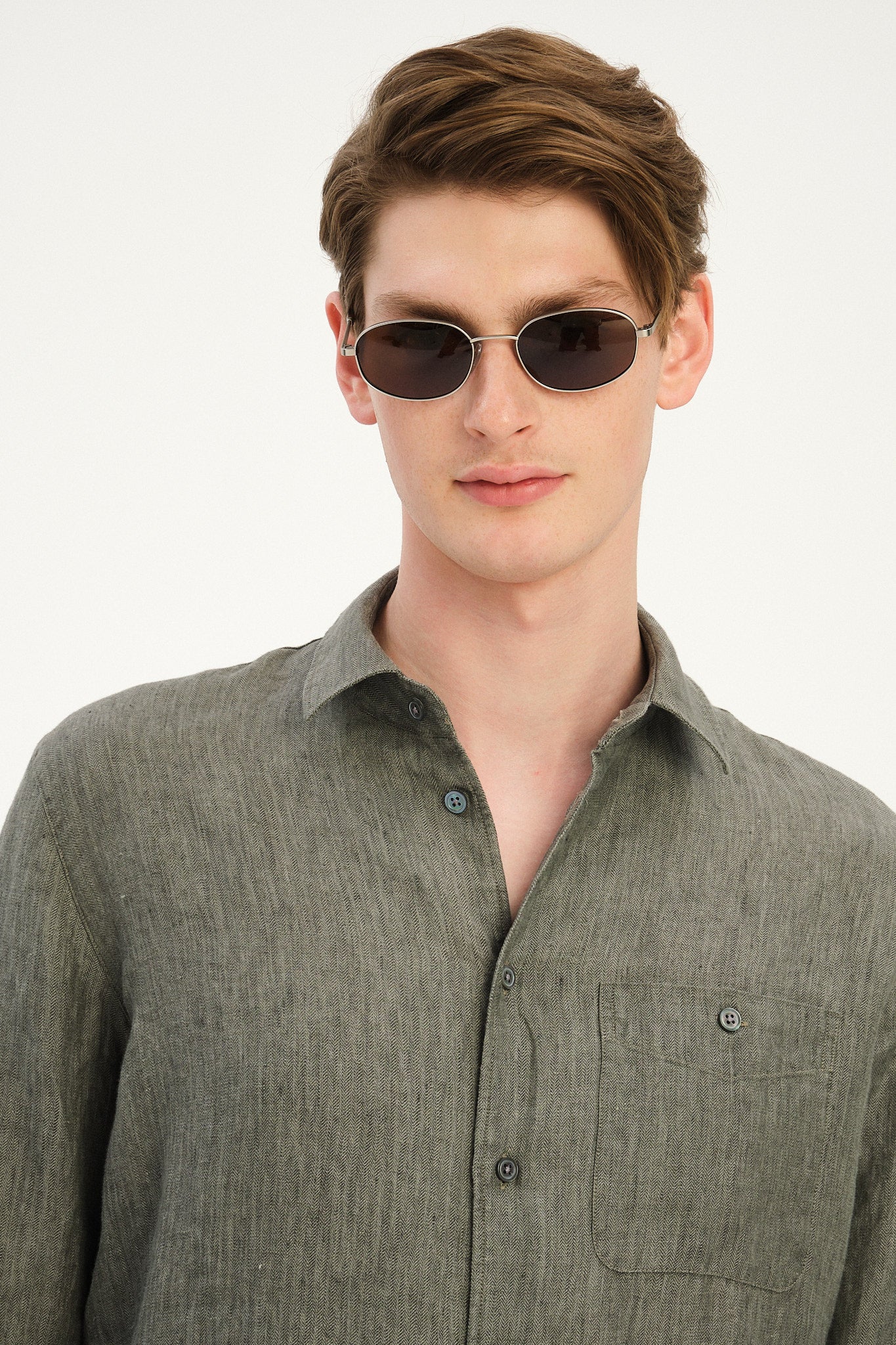 Strong Shirt in an Sage and Spruce Green Italian Micro Herringbone Cotton