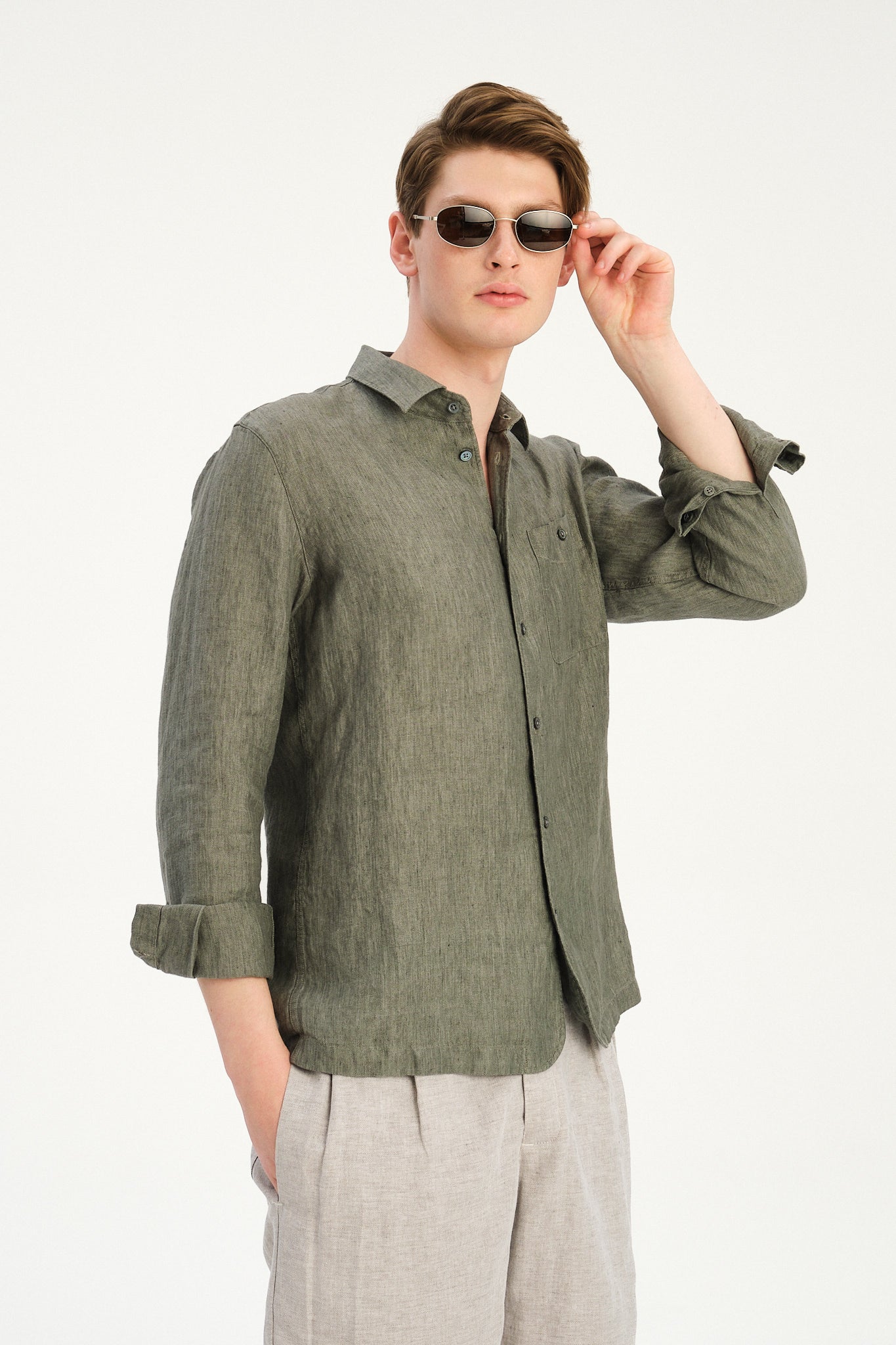 Strong Shirt in an Sage and Spruce Green Italian Micro Herringbone Cotton