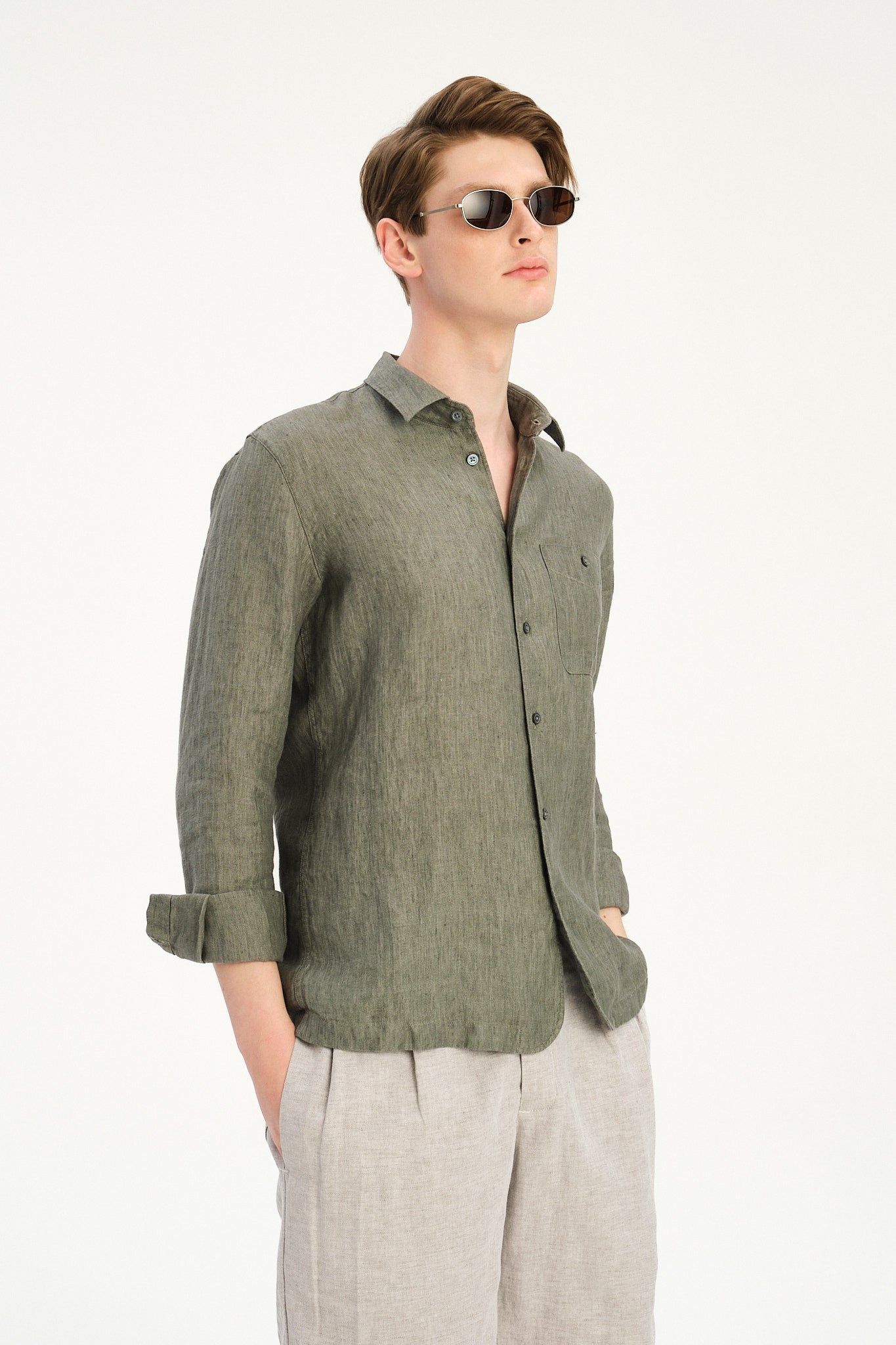 Strong Shirt in an Sage and Spruce Green Italian Micro Herringbone Cotton