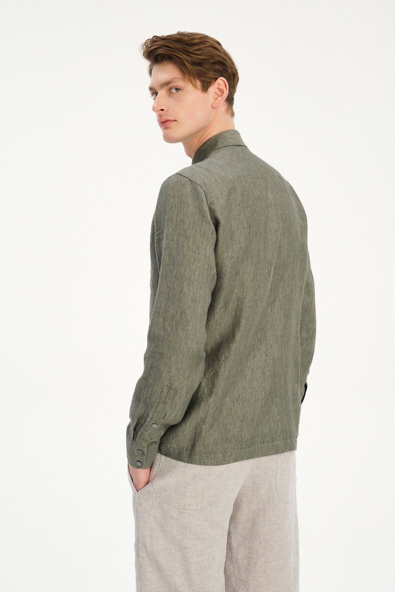 Strong Shirt in an Sage and Spruce Green Italian Micro Herringbone Cotton