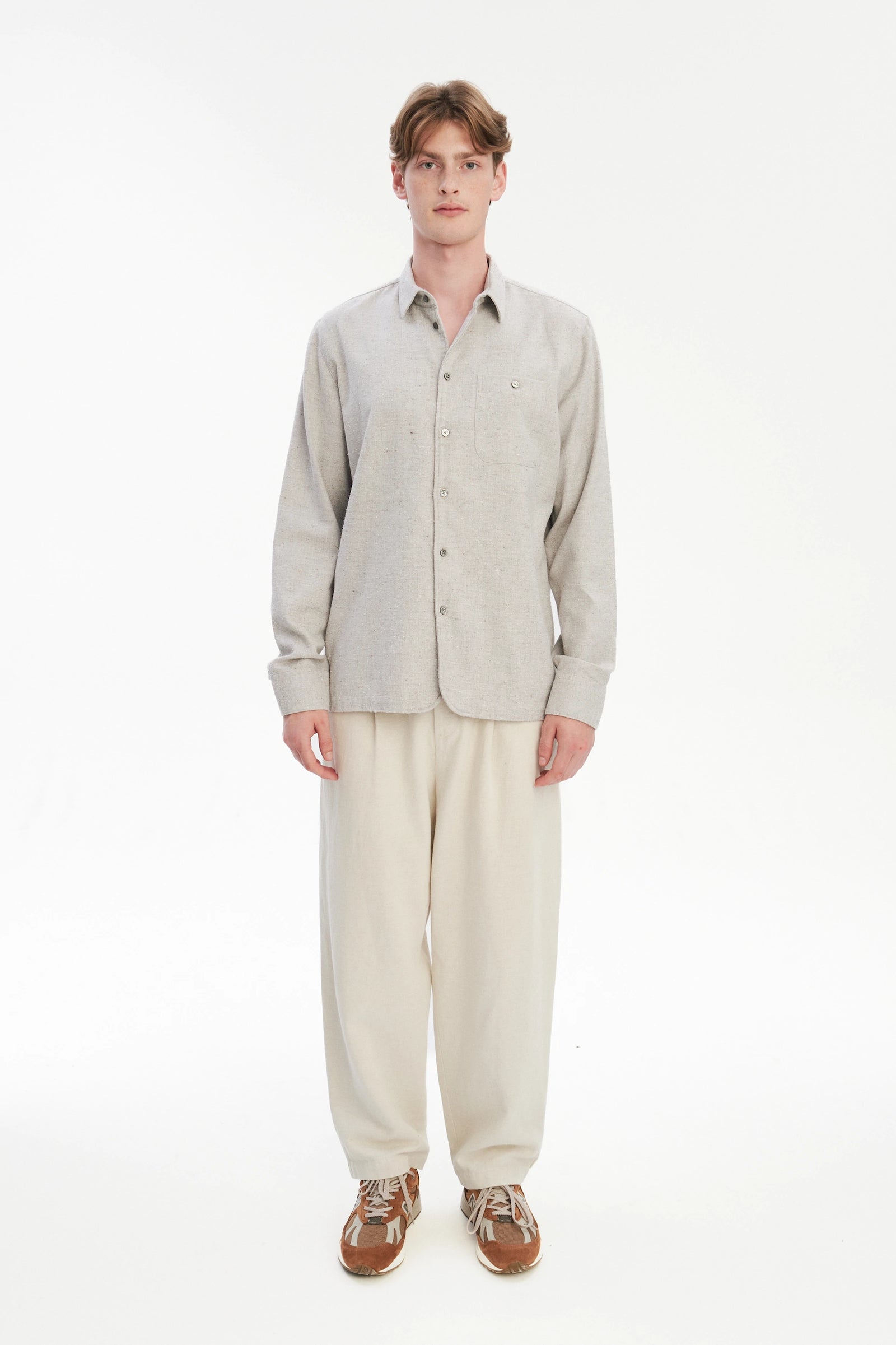 Strong Shirt in a Beige Grey Italian Cotton, Silk and Wool Tweed