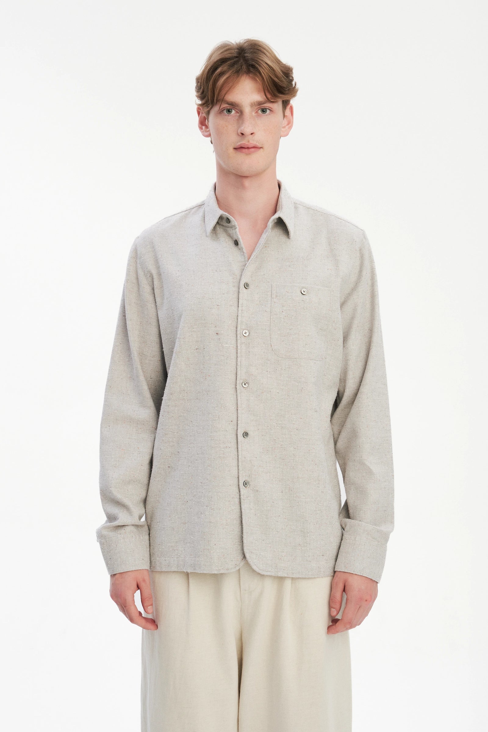 Strong Shirt in a Beige Grey Italian Cotton, Silk and Wool Tweed
