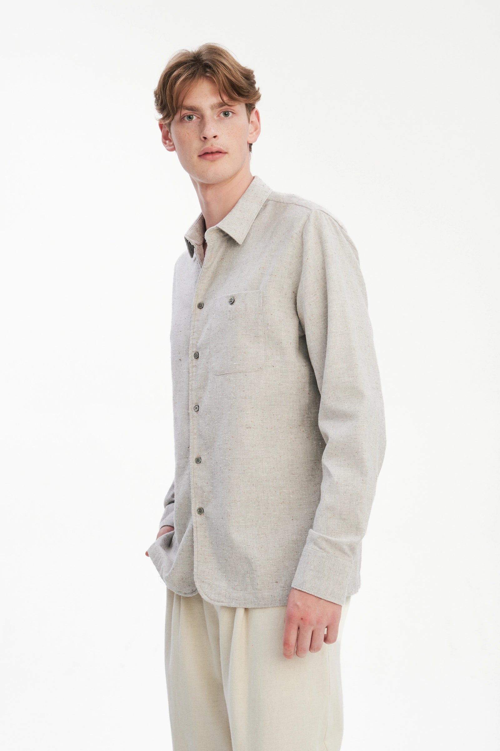 Strong Shirt in a Beige Grey Italian Cotton, Silk and Wool Tweed