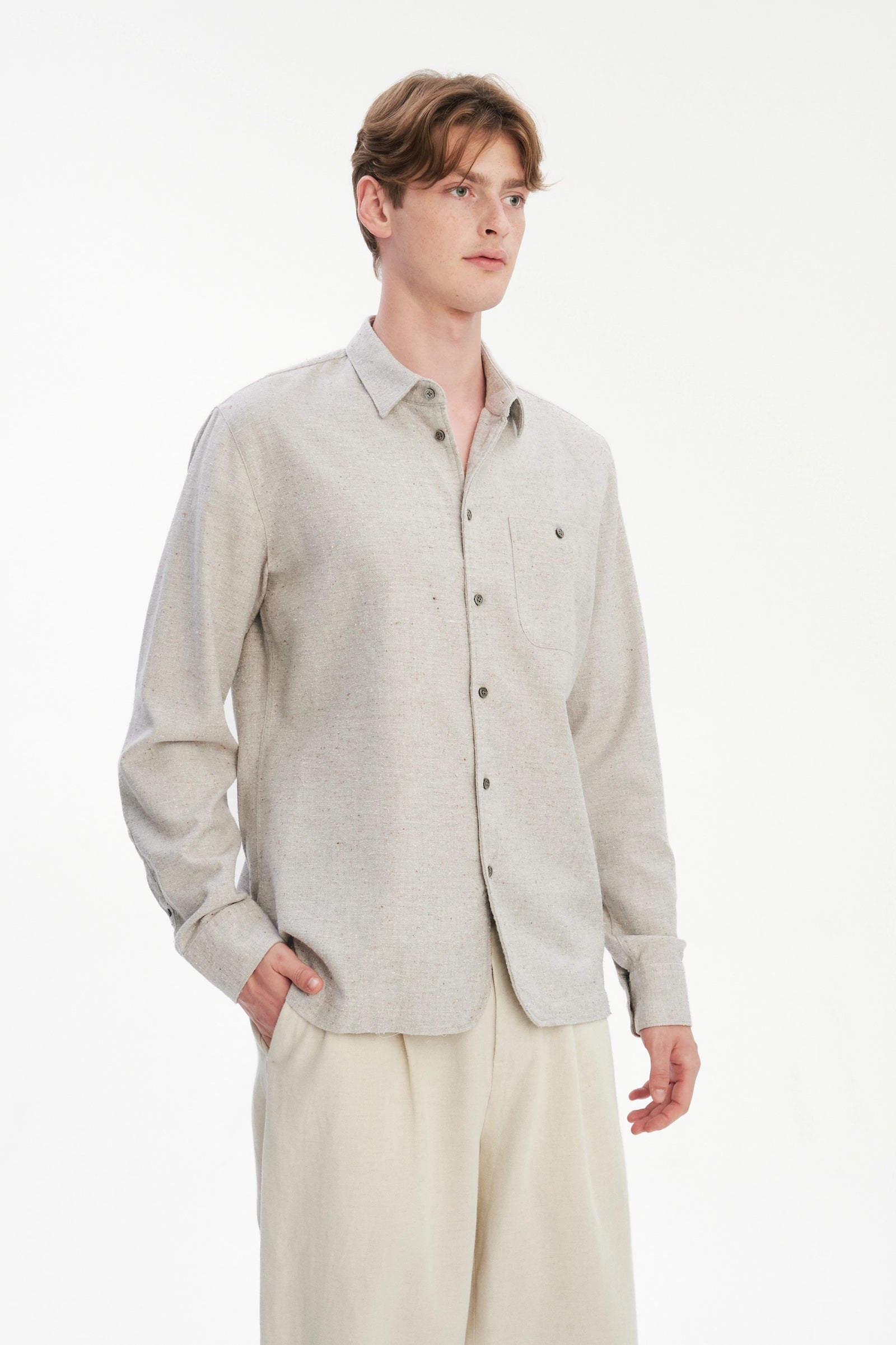 Strong Shirt in a Beige Grey Italian Cotton, Silk and Wool Tweed