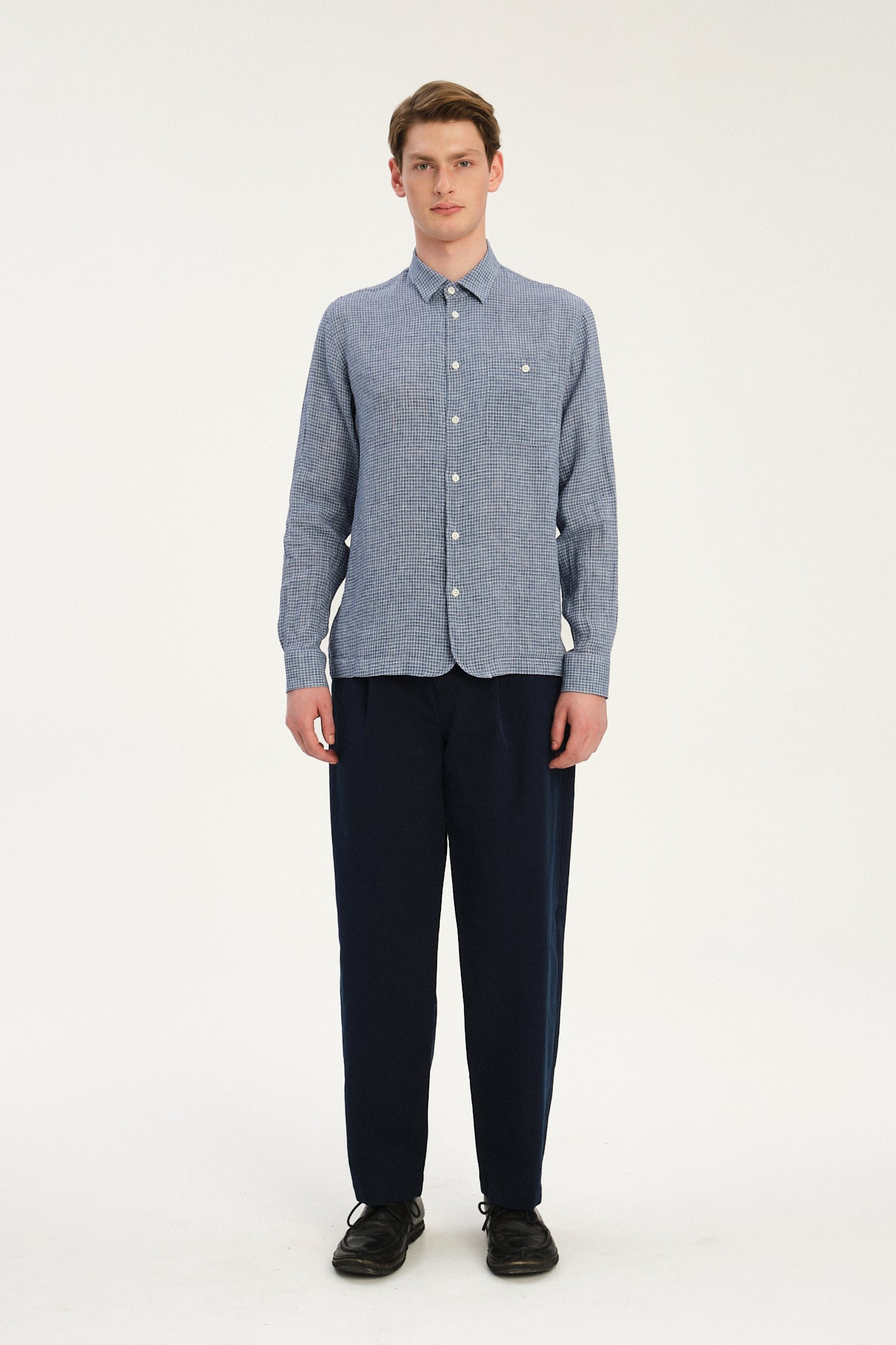 Strong Shirt in a Blue and White Mini Check Italian Linen