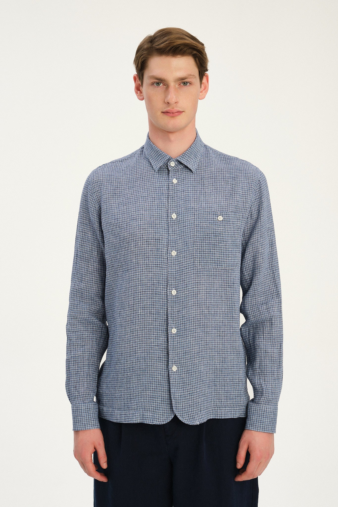 Strong Shirt in a Blue and White Mini Check Italian Linen
