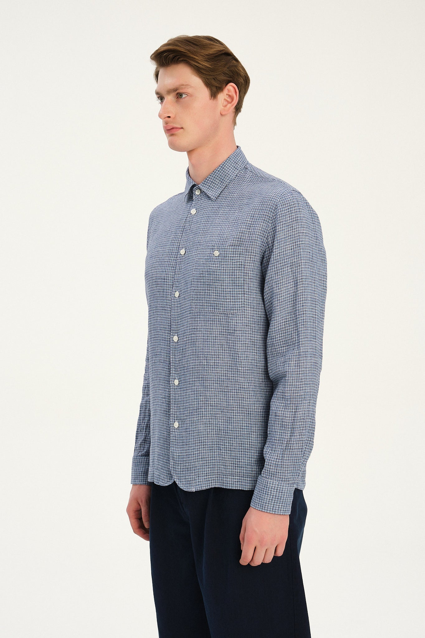 Strong Shirt in a Blue and White Mini Check Italian Linen