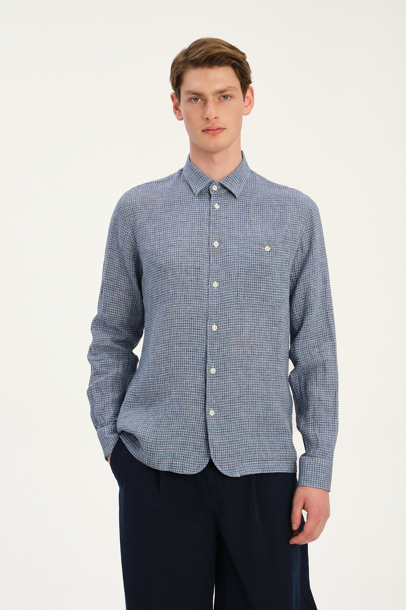 Strong Shirt in a Blue and White Mini Check Italian Linen