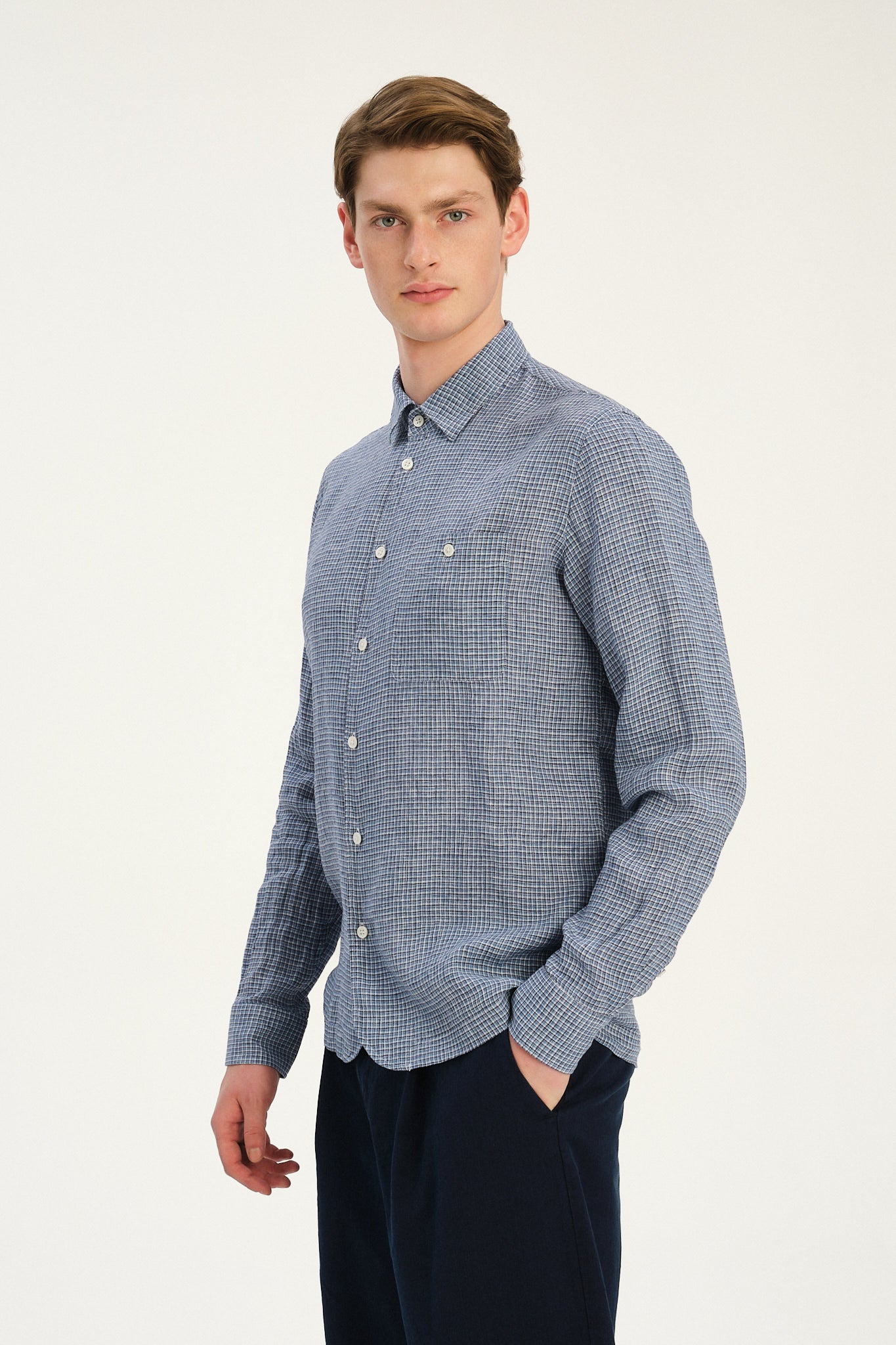 Strong Shirt in a Blue and White Mini Check Italian Linen