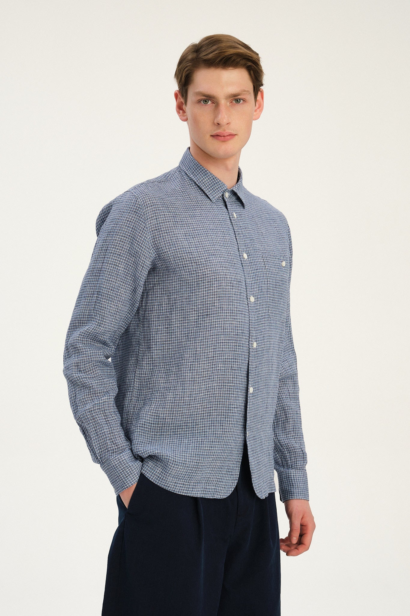 Strong Shirt in a Blue and White Mini Check Italian Linen