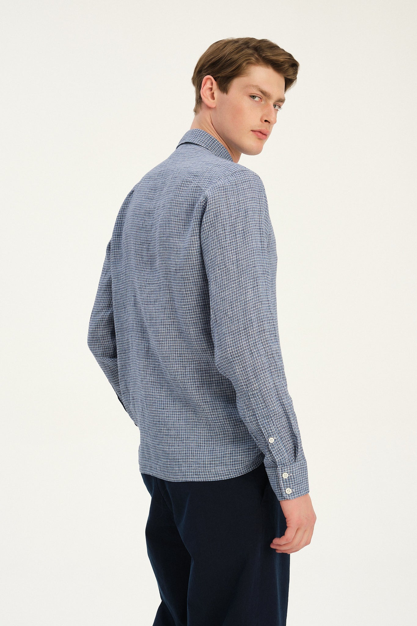 Strong Shirt in a Blue and White Mini Check Italian Linen