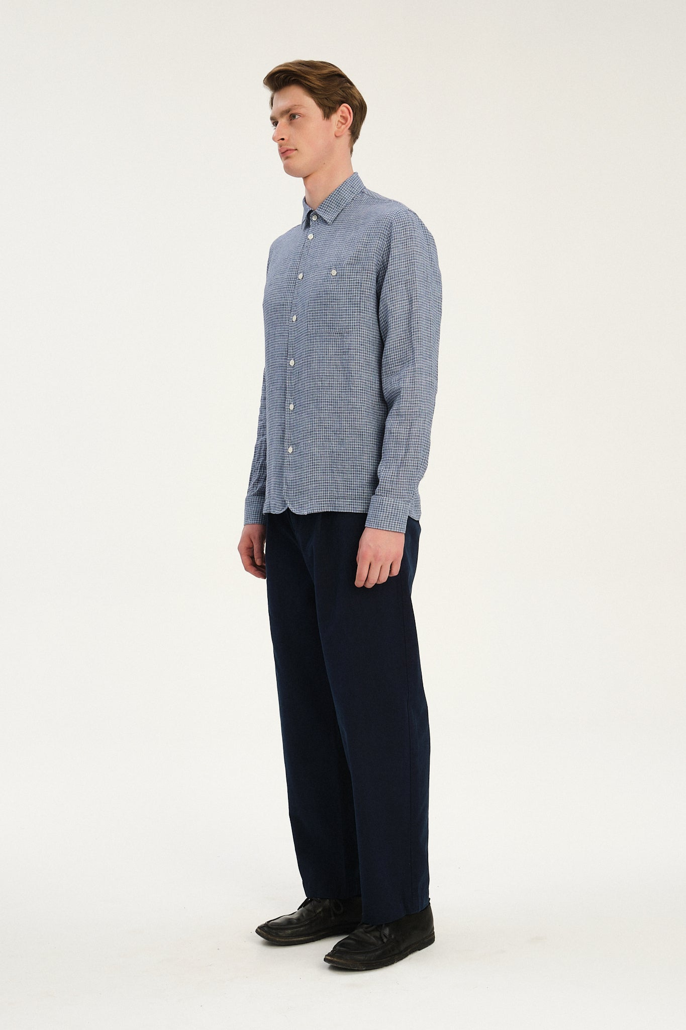 Strong Shirt in a Blue and White Mini Check Italian Linen