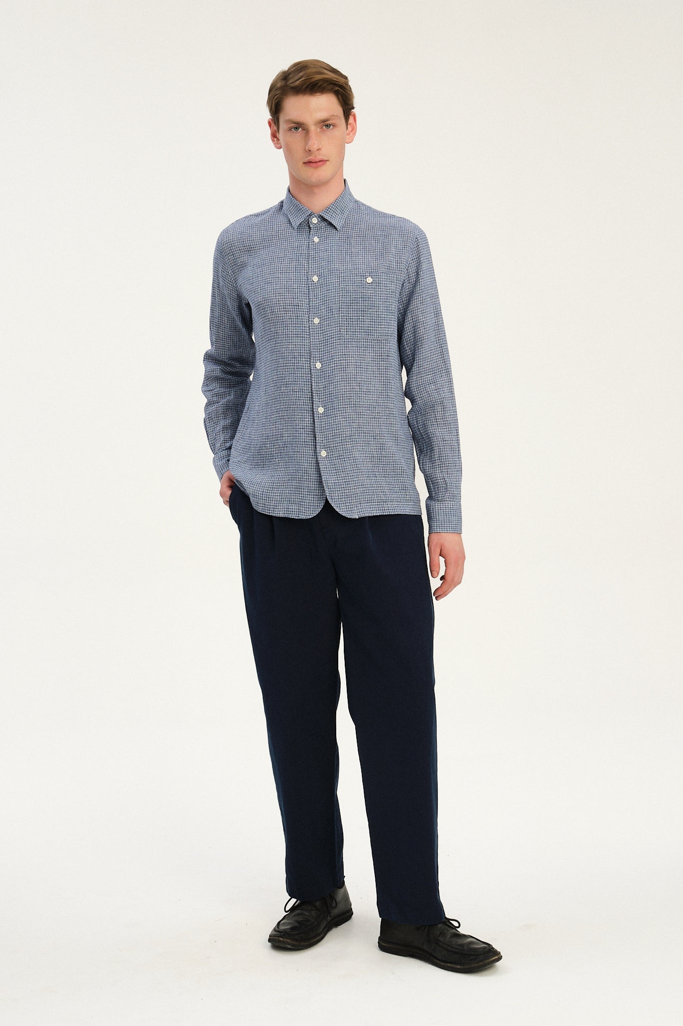 Strong Shirt in a Blue and White Mini Check Italian Linen