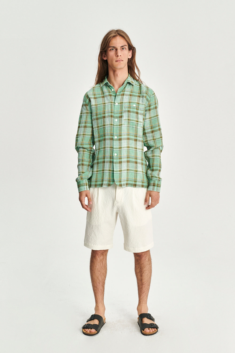 Strong Shirt in a Green and Beige Italian LInen Check