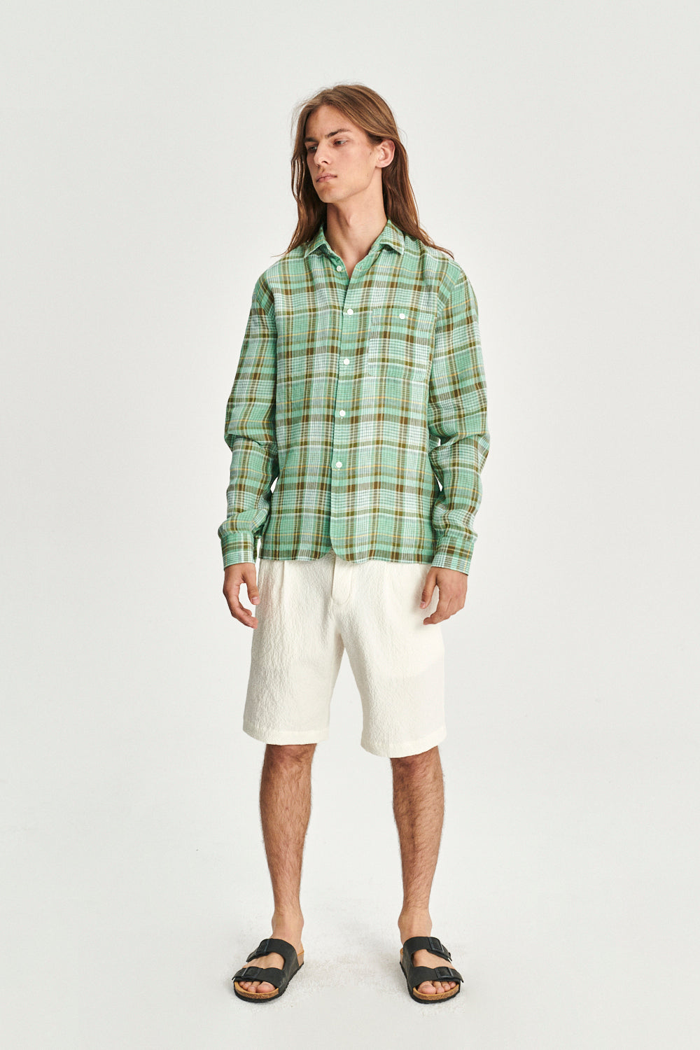 Strong Shirt in a Green and Beige Italian LInen Check