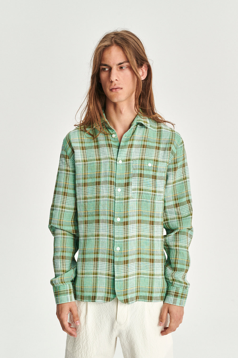 Strong Shirt in a Green and Beige Italian LInen Check