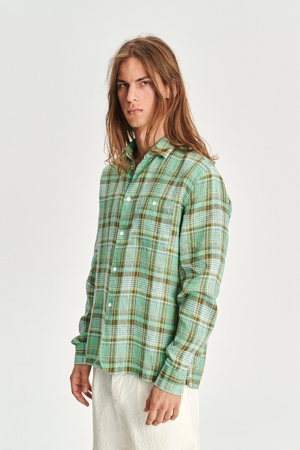 Strong Shirt in a Green and Beige Italian LInen Check