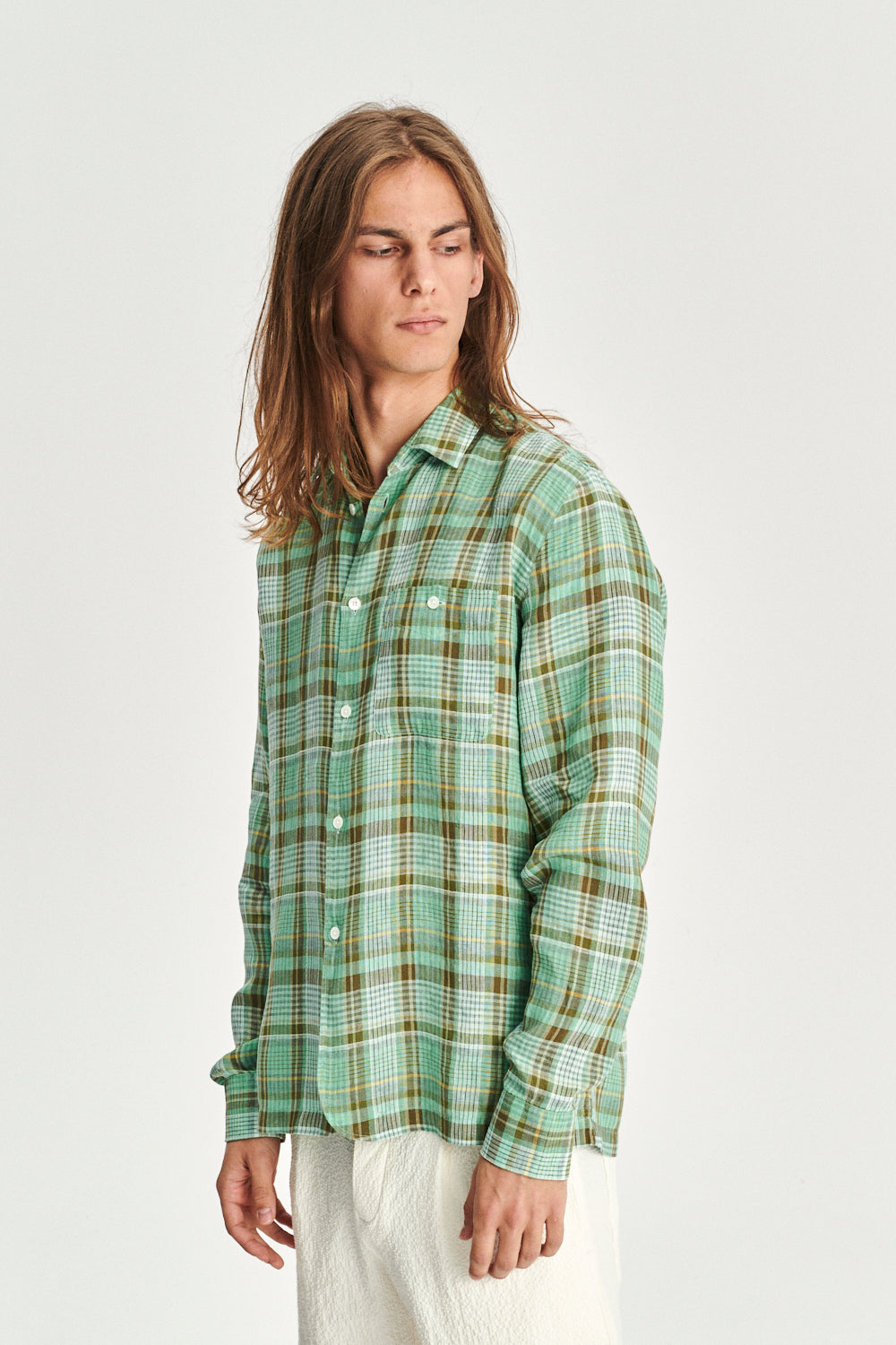 Strong Shirt in a Green and Beige Italian LInen Check