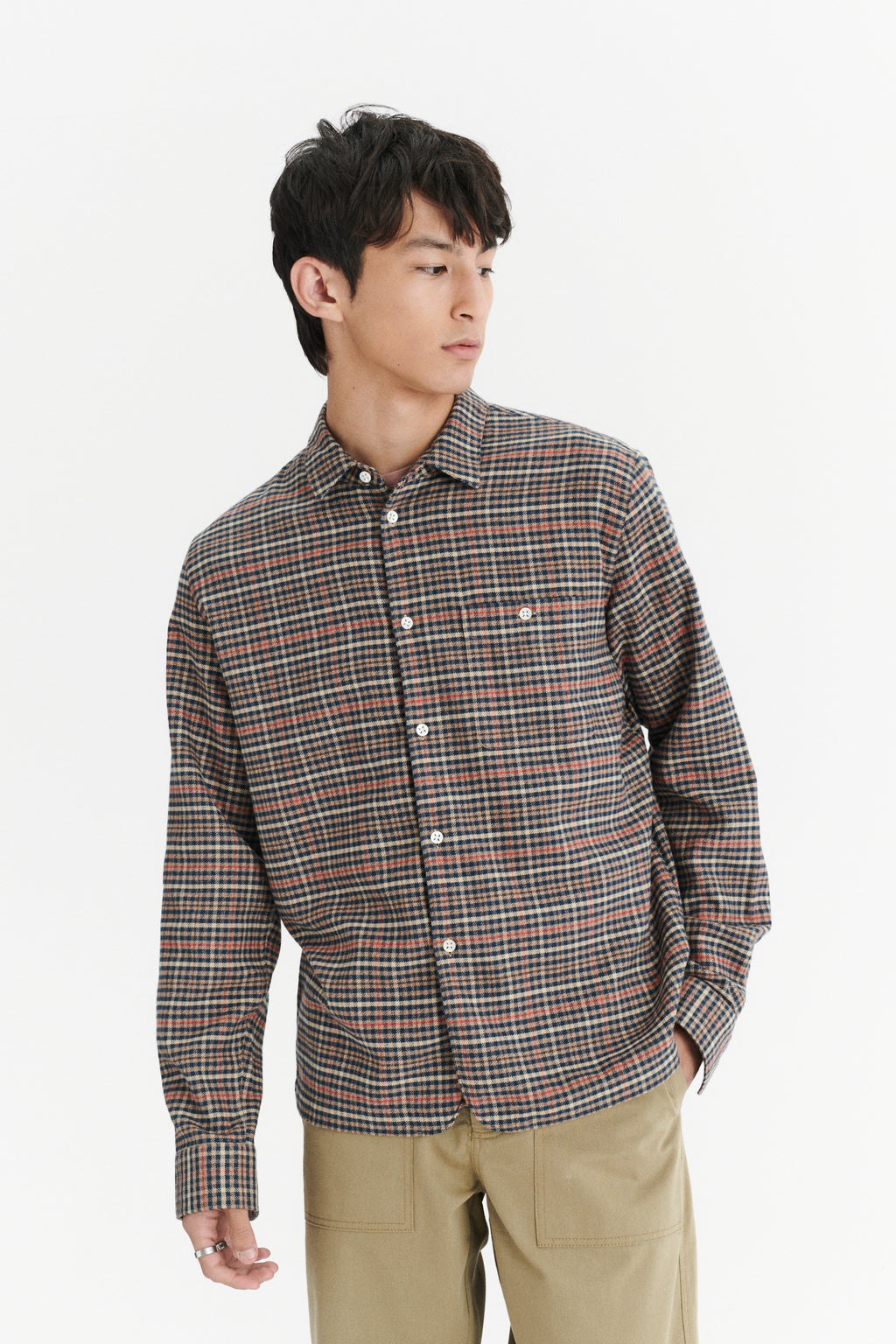 Strong Shirt in a Soft Red, Beige en Dark Blue Chequered Portuguese Cotton Flannel