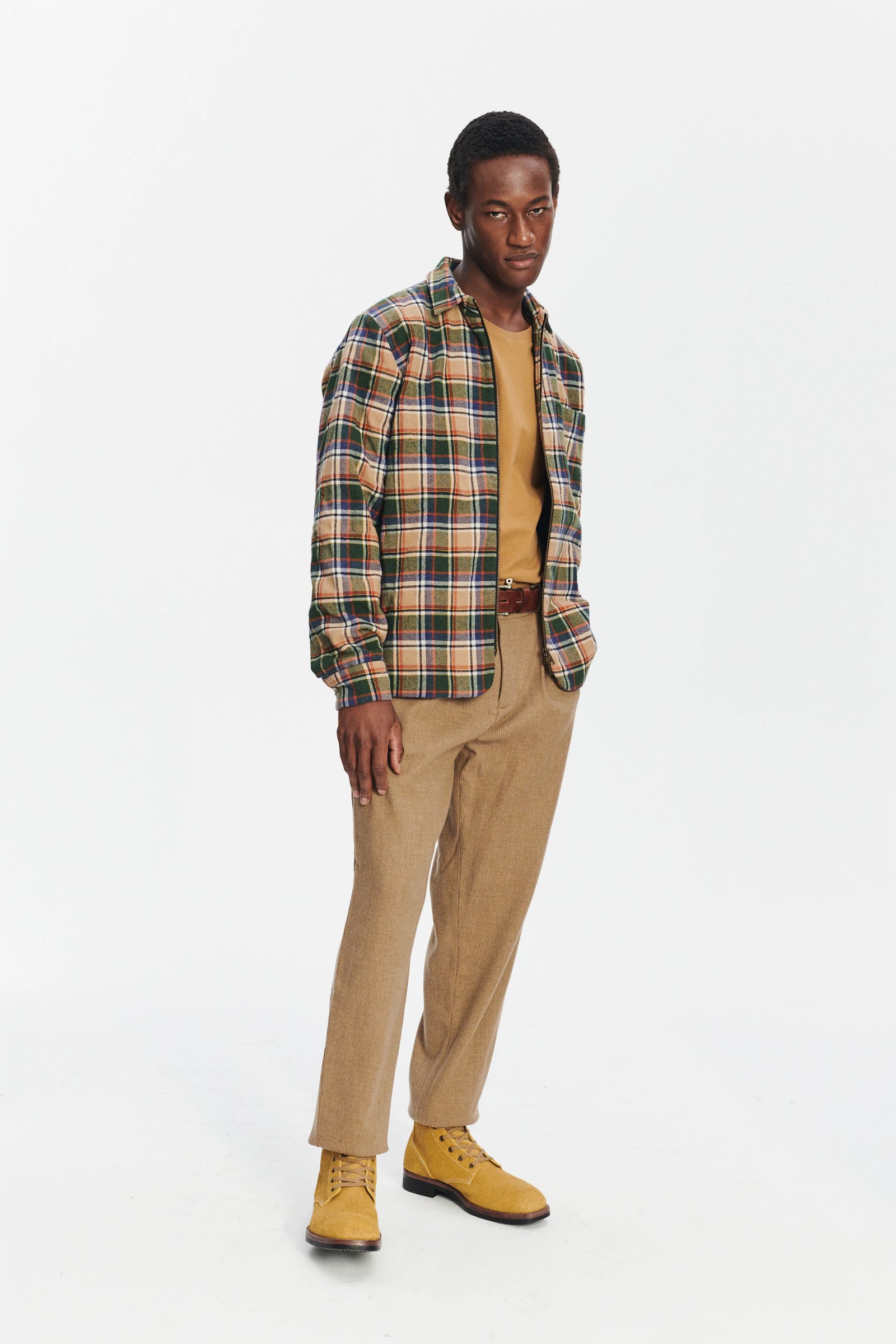 Insulated Jacket in a Chequered Green, Beige, Navy and Orange Soft High End Italian Virgin Wool with Freudenberg Insulation