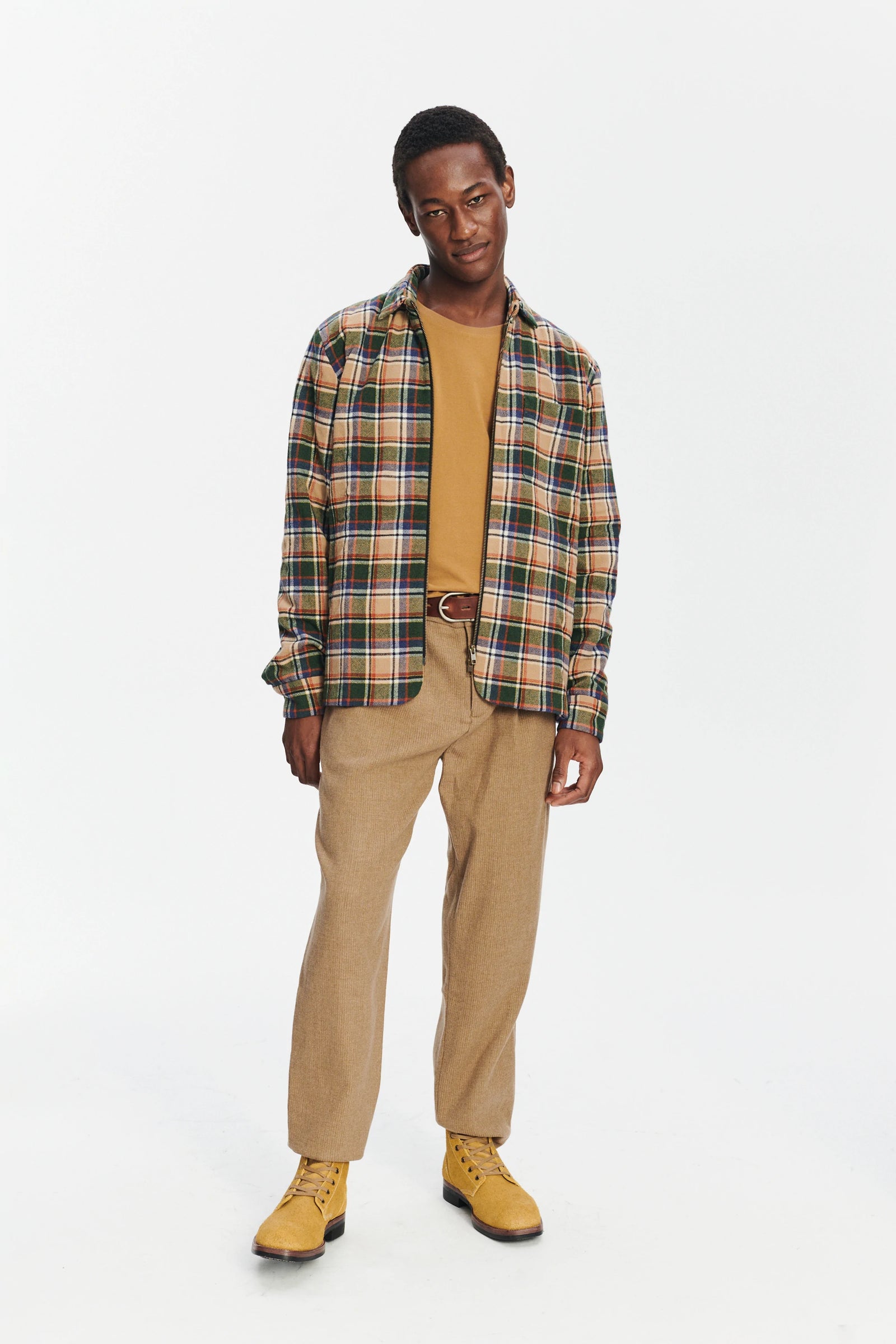 Insulated Jacket in a Chequered Green, Beige, Navy and Orange Soft High End Italian Virgin Wool with Freudenberg Insulation