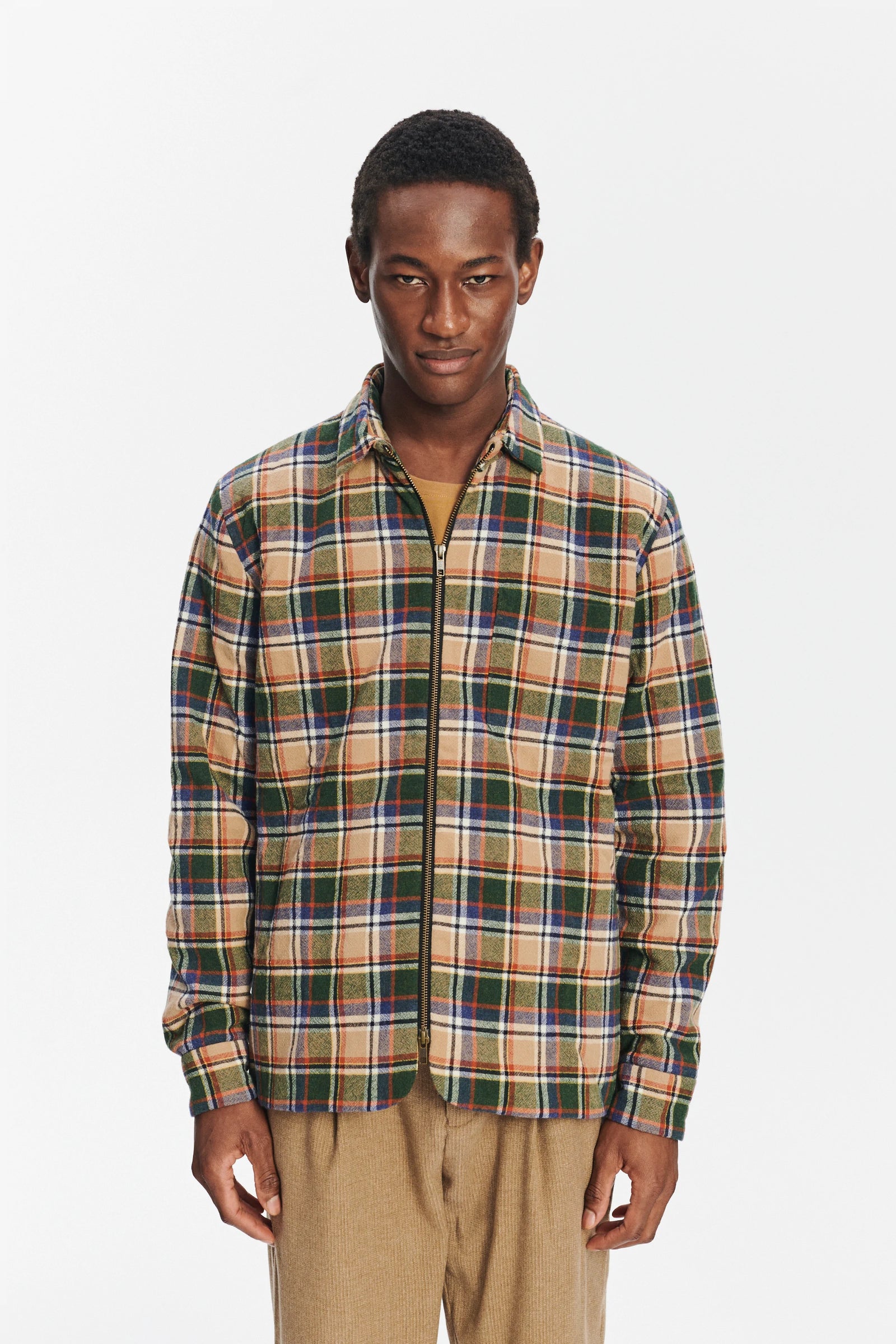Insulated Jacket in a Chequered Green, Beige, Navy and Orange Soft High End Italian Virgin Wool with Freudenberg Insulation