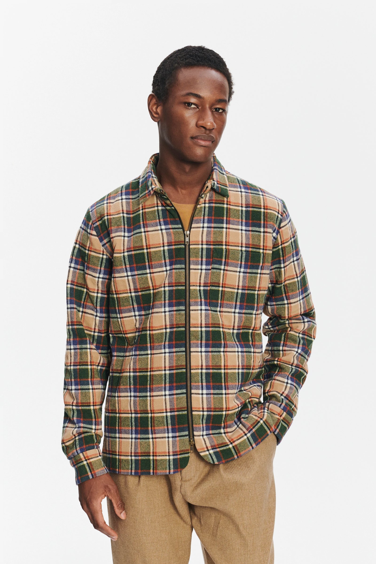 Insulated Jacket in a Chequered Green, Beige, Navy and Orange Soft High End Italian Virgin Wool with Freudenberg Insulation