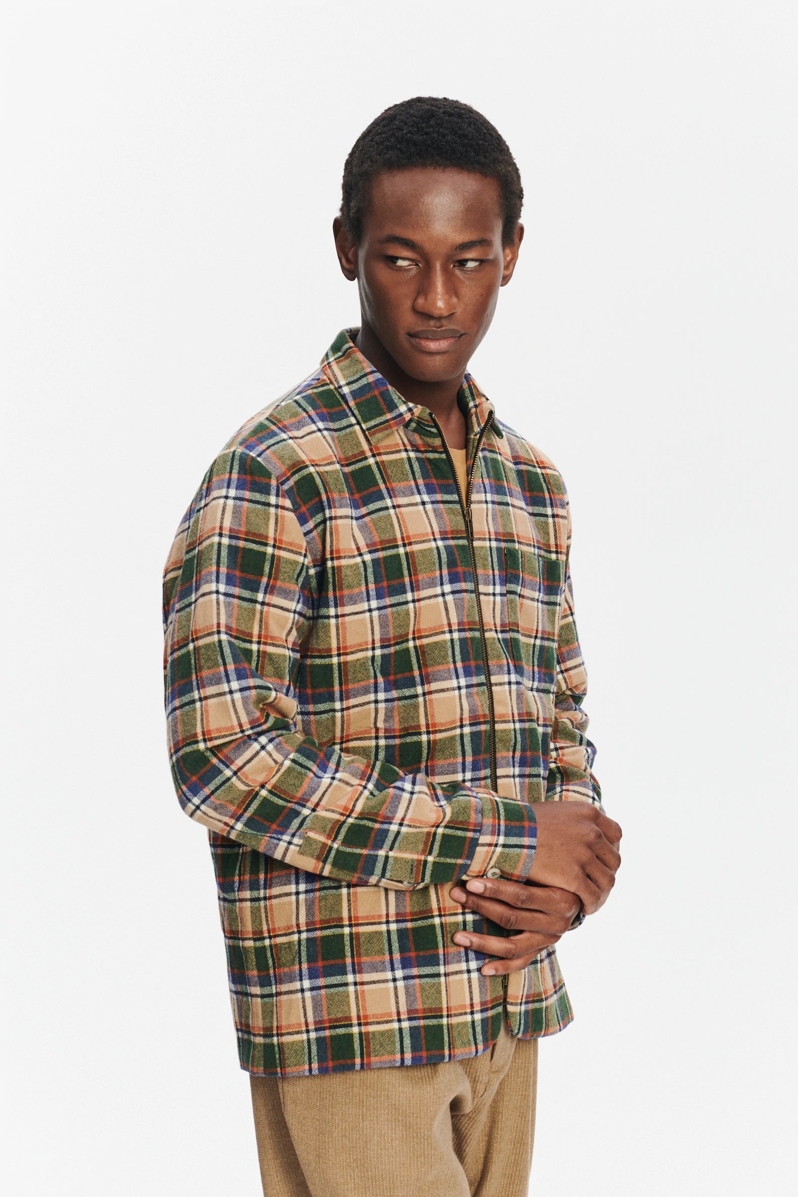 Insulated Jacket in a Chequered Green, Beige, Navy and Orange Soft High End Italian Virgin Wool with Freudenberg Insulation