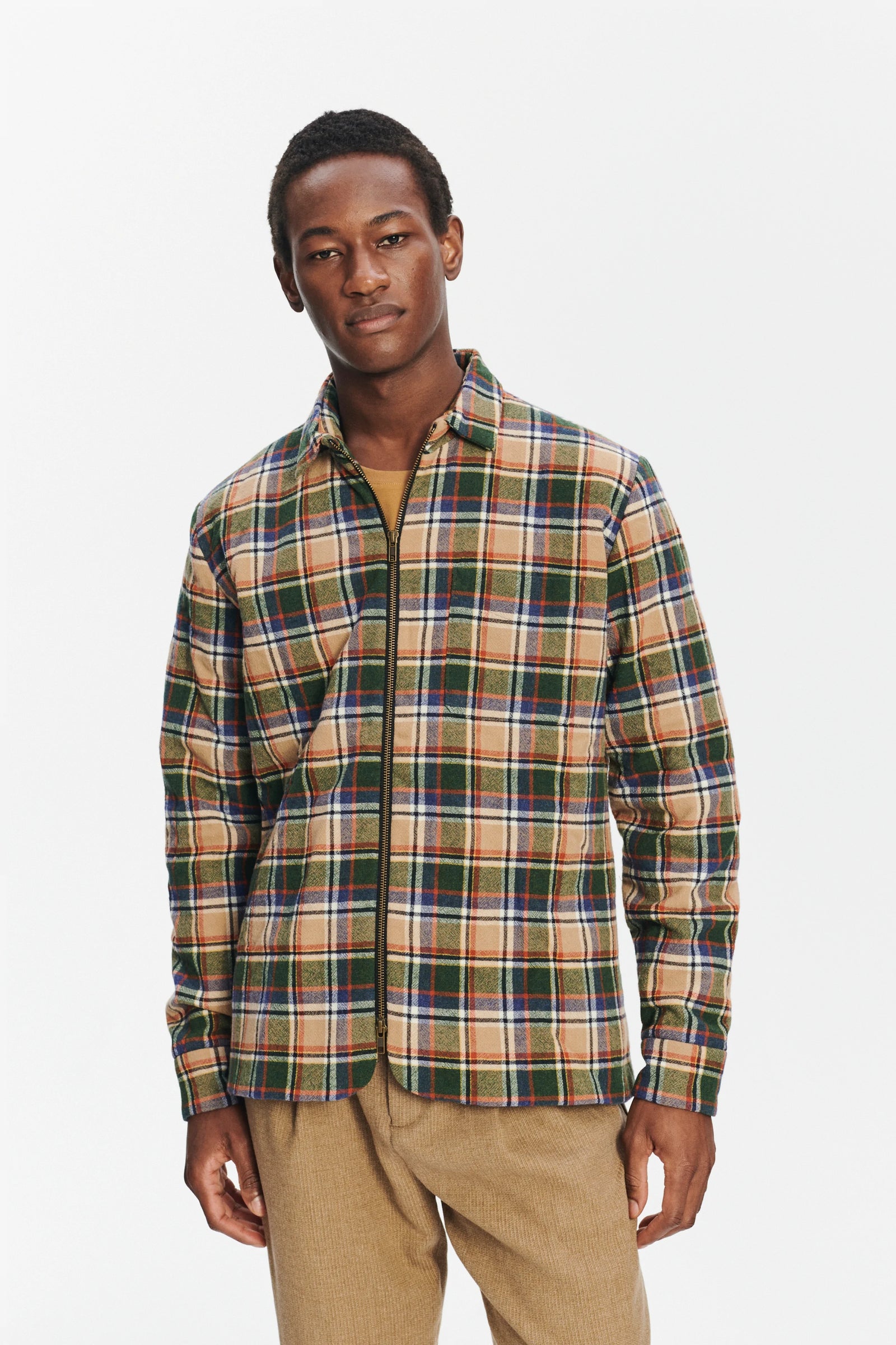 Insulated Jacket in a Chequered Green, Beige, Navy and Orange Soft High End Italian Virgin Wool with Freudenberg Insulation