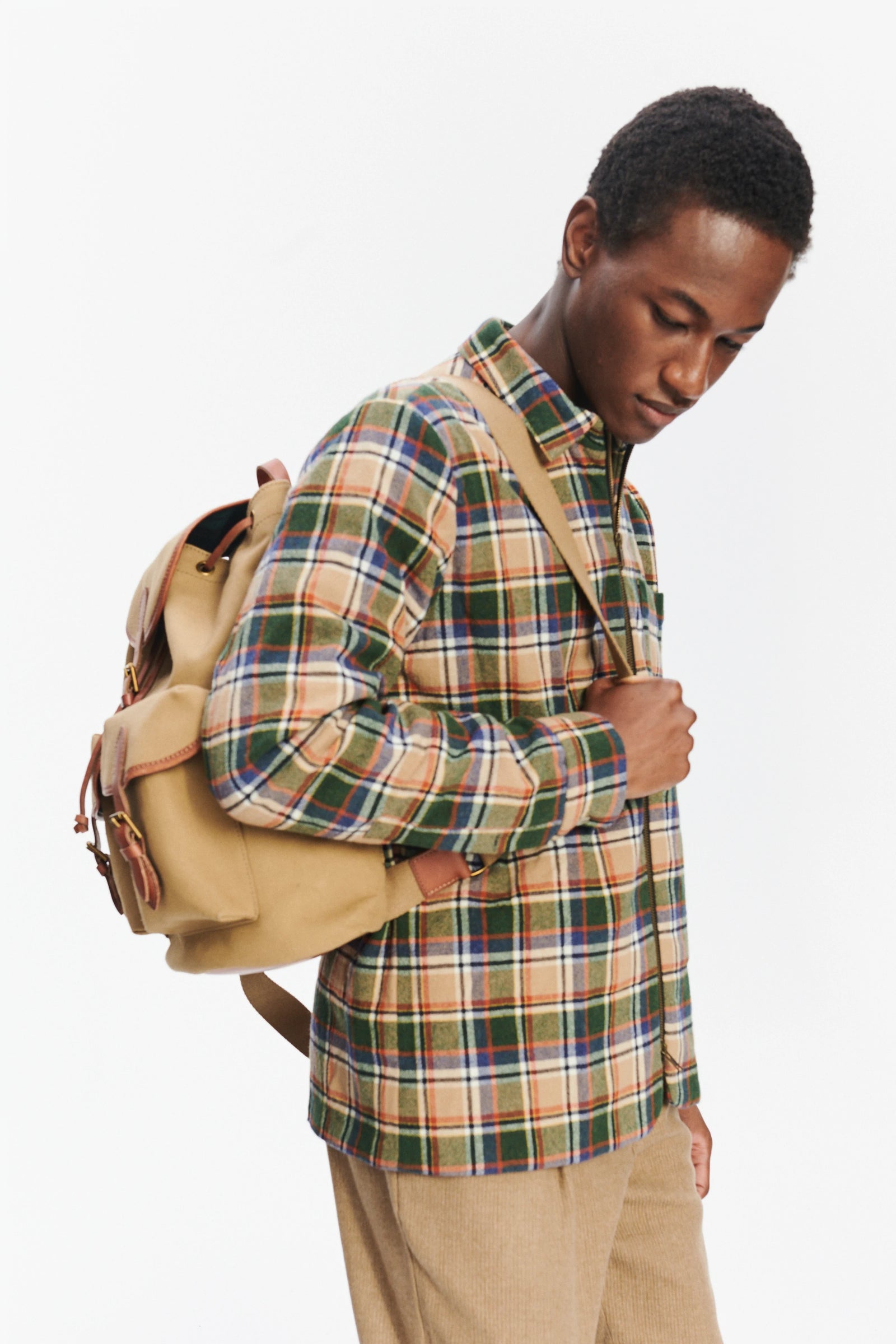 Insulated Jacket in a Chequered Green, Beige, Navy and Orange Soft High End Italian Virgin Wool with Freudenberg Insulation